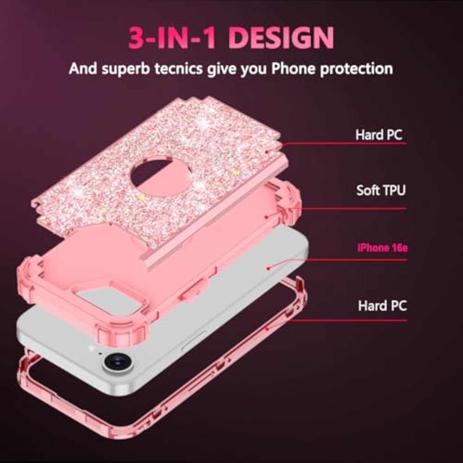 For Iphone 16E Case,Glitter Sparkle Bling Three Layer Heavy Duty Shiny Sturdy Shockproof Protection Full Rugged Bumper Protective Girls Case For Apple 16E 6.1 Inch,All Pink