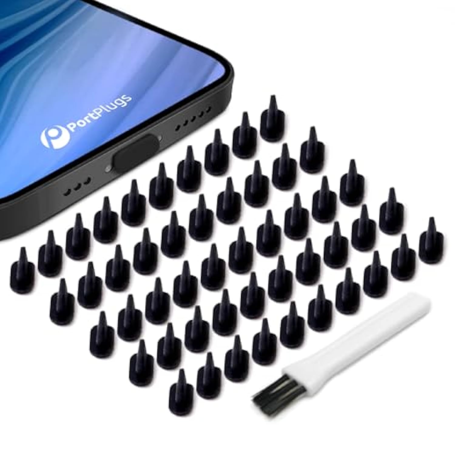 PortPlugs Dust Plugs for iPhone 14, 13, 12, 11, X, 8, 7, Plus, Pro, Max & iPads – Compatible with Lightning Ports – Charger Port Covers with Cleaning Brush – Black (50-Pack)