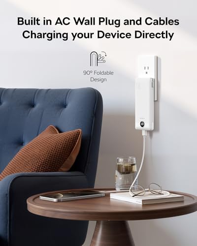 AC Wall Plug Portable Charger, 10000mah Slim Portable Charger Built in Cables, USB C Power Bank 15W Fast Charging, Travel Essential Battery Pack