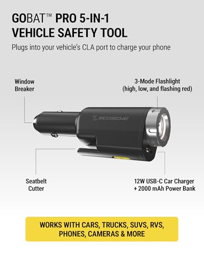 PB5N1 GoBat Pro 5-in-1 Vehicle Safety Kit, Emergency Car Escape Tool with Seatbelt Cutter, Glass Window Breaker, LED Flashlight, 12W USB-C Car