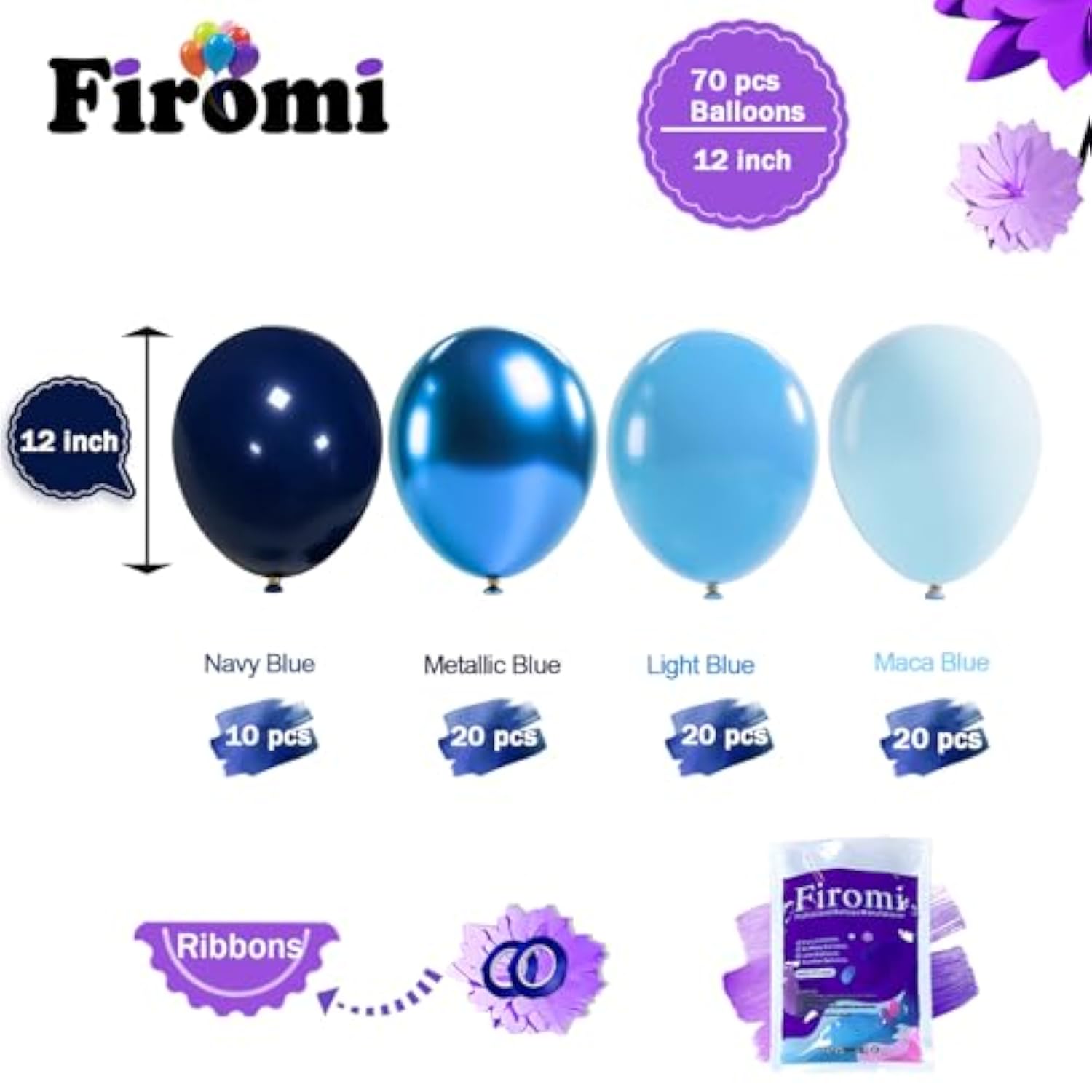 70-Pc Metallic & Navy Blue Balloon Set – 12" Chrome Balloons for Birthday & Baby Shower