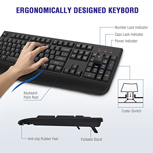 Wireless Keyboard, 2.4G Full-Sized Ergonomic Wireless Computer Keyboard With Wrist Rest For Windows, Mac Os Laptop/Pc/Desktop/Notebook(Black)