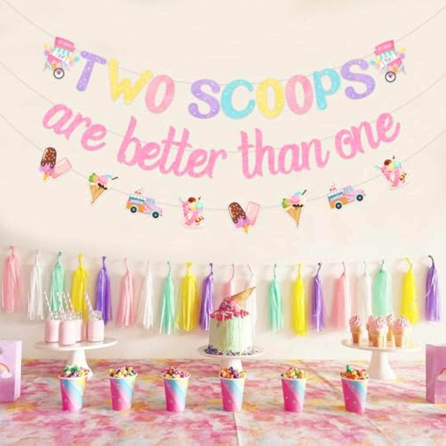 Ice Cream Twin First Birthday Decorations With Two Scoops Are Better Than One Banner And Garland, Summer Ice Cream Themed 1St 2Nd Birthday Party Supplies Pink For Girls