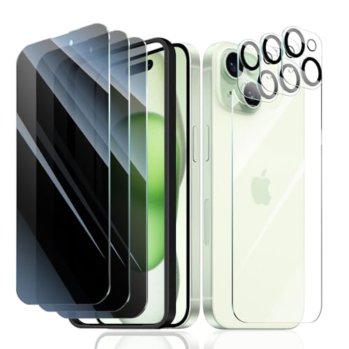 3+3+1+1-Pack, Privacy Screen Protector and Camera Lens Protector for iPhone 15 with Back Tempered Glass Film & Installation Alignment Aid, Anti-Spy,