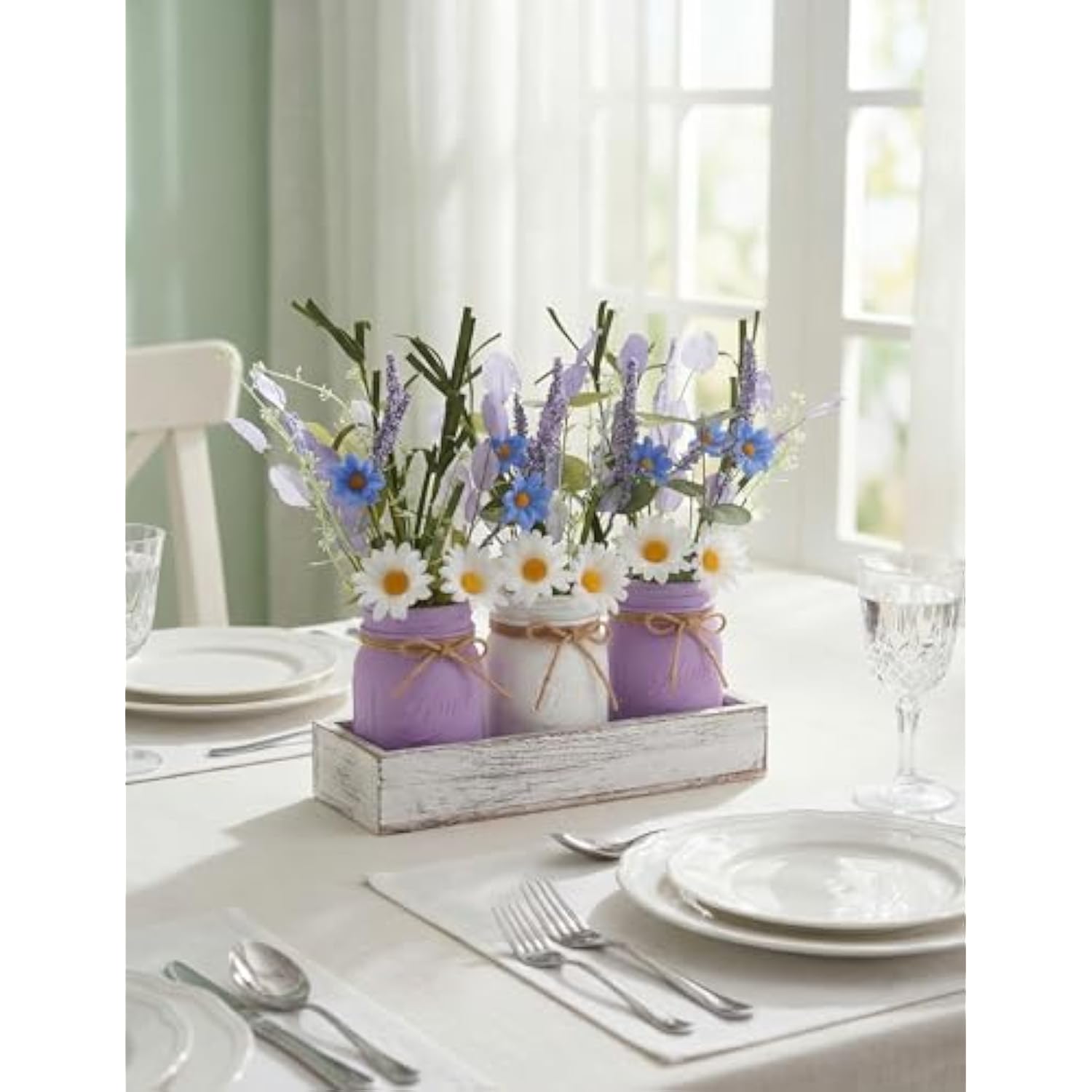 Mason Jar Spring Easter Centerpieces For Tables, Table Decor With Daisy Artificial Flowers, Farmhouse Wood Tray, Spring Table Centerpiece, 10 Pcs Spring Decorations For Home, Kitchen, Office
