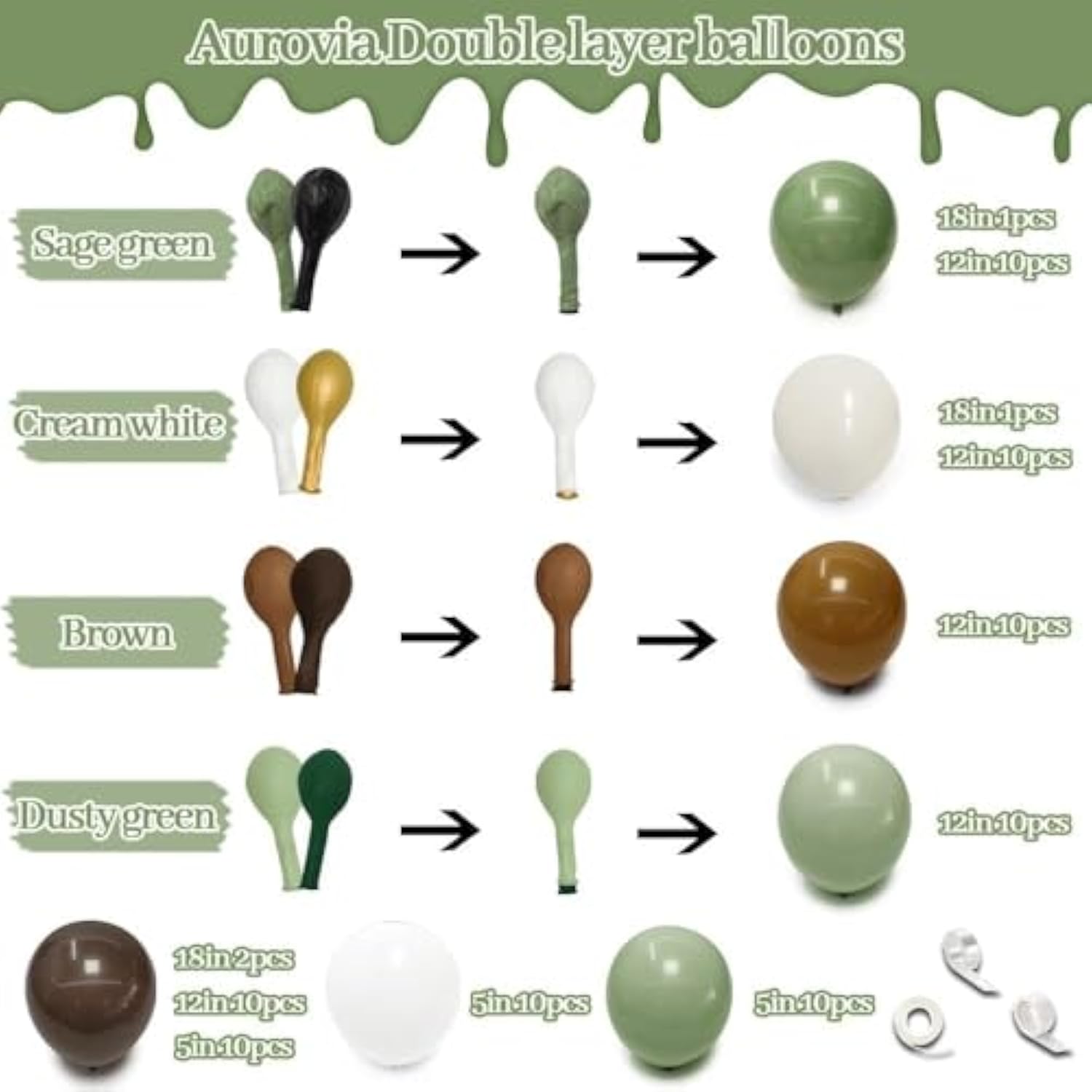 Green Brown Balloon Garland - Double Stuffed Pastel Light Sage Green White Sand Balloons Dark Tan Olive Balloon Arch Kit For Birthday Bridal Shower Woodland Baby Shower Safari Jungle Party Decorations