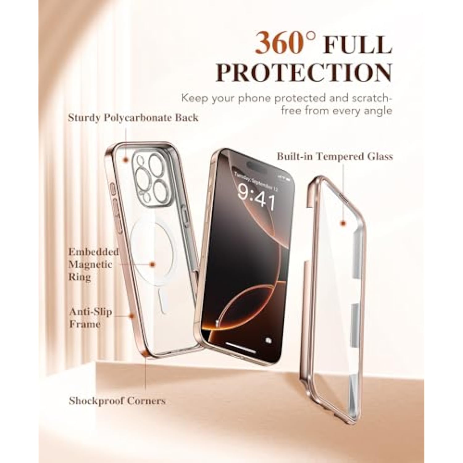 Magnetic For Iphone 16 Pro Case, Compatible With Magsafe, Built-In 9H Tempered Glass Screen Protector & Upgraded Camera Protection, Full-Body Plating Phone Case For 16 Pro 6.3", Desert Gold