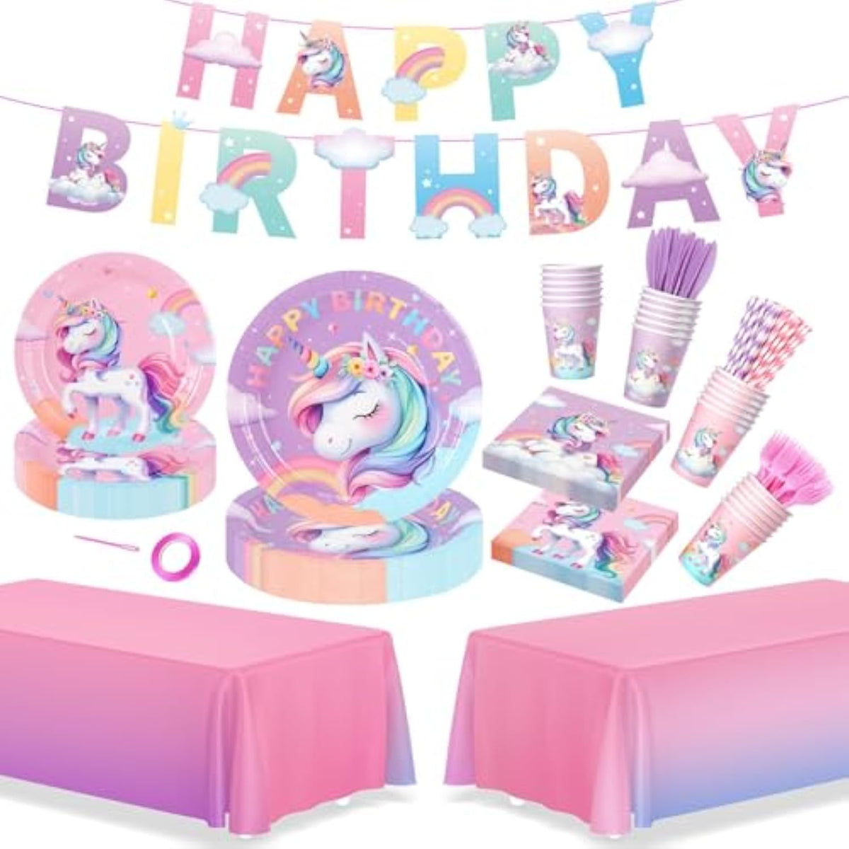 171Pcs Unicorn Birthday Party Decorations With Unicorn Rainbow Banner And Tablecloth, Birthday Party Supplies With Plates Cups Napkins Straws Cutlery, Pink Purple Disposable Tableware For 24 Guests