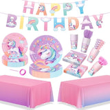 171Pcs Unicorn Birthday Party Decorations With Unicorn Rainbow Banner And Tablecloth, Birthday Party Supplies With Plates Cups Napkins Straws Cutlery, Pink Purple Disposable Tableware For 24 Guests