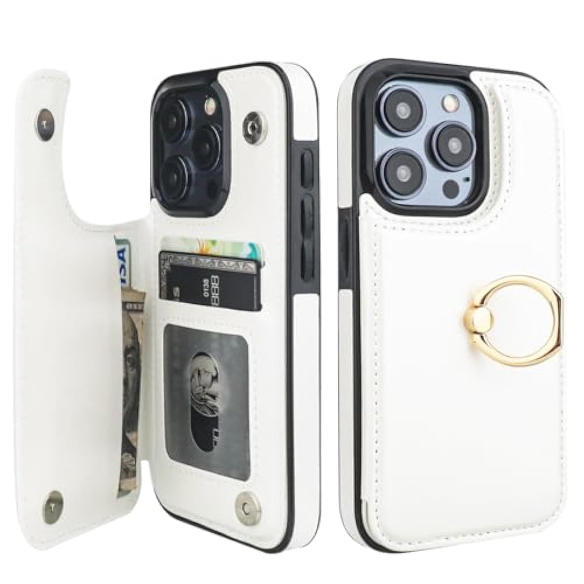 Onetop For Iphone 15 Pro Wallet Case With Card Holder, 360° Rotation Ring Kickstand Rfid Blocking Pu Leather Double Magnetic Clasp Shockproof Cover For Women And Girls 6.1 Inch (White)