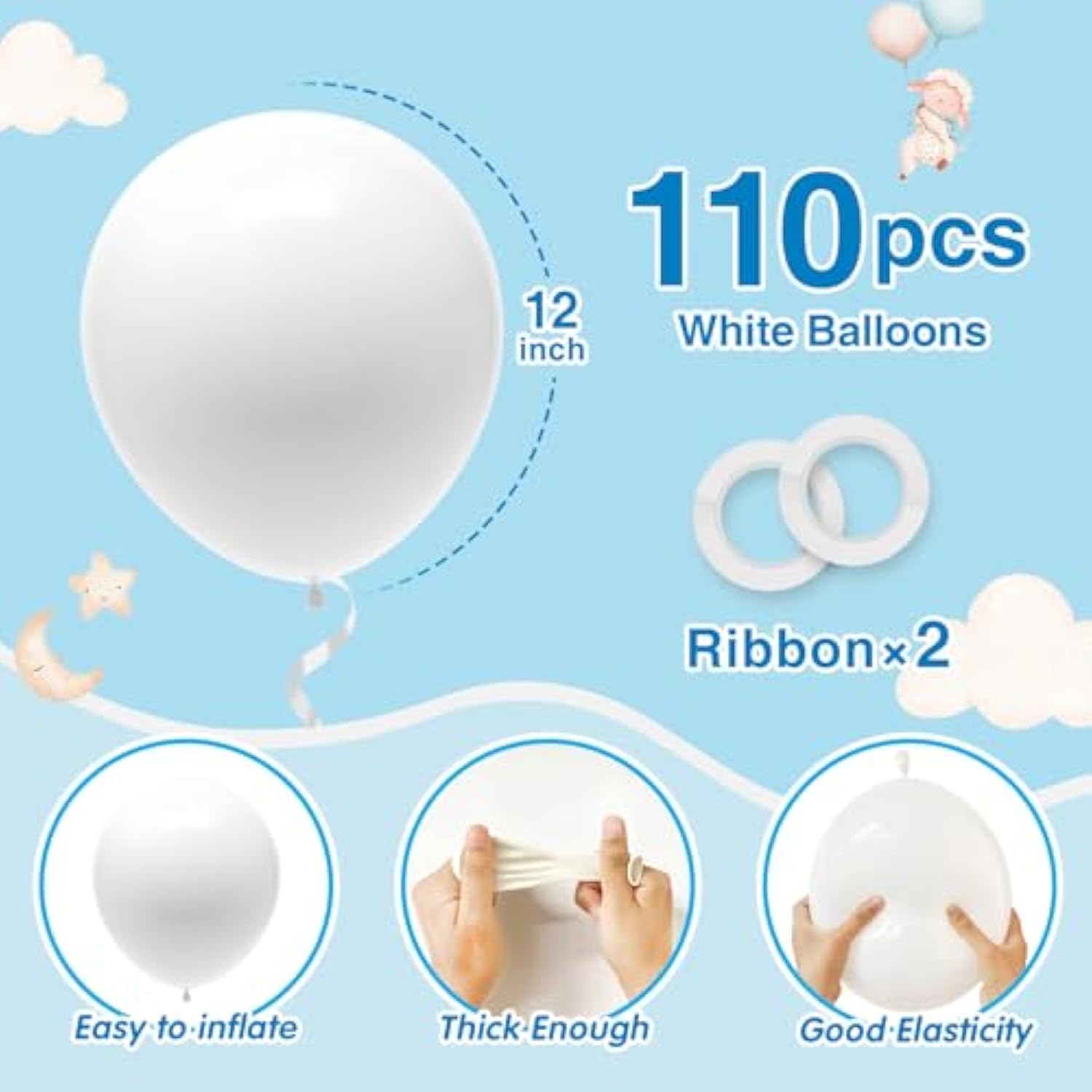 110Pcs White Balloons 12 Inch White Latex Balloon Garland Arch Kit For Birthday Baby Shower Wedding Anniversary Graduation Party Decorations