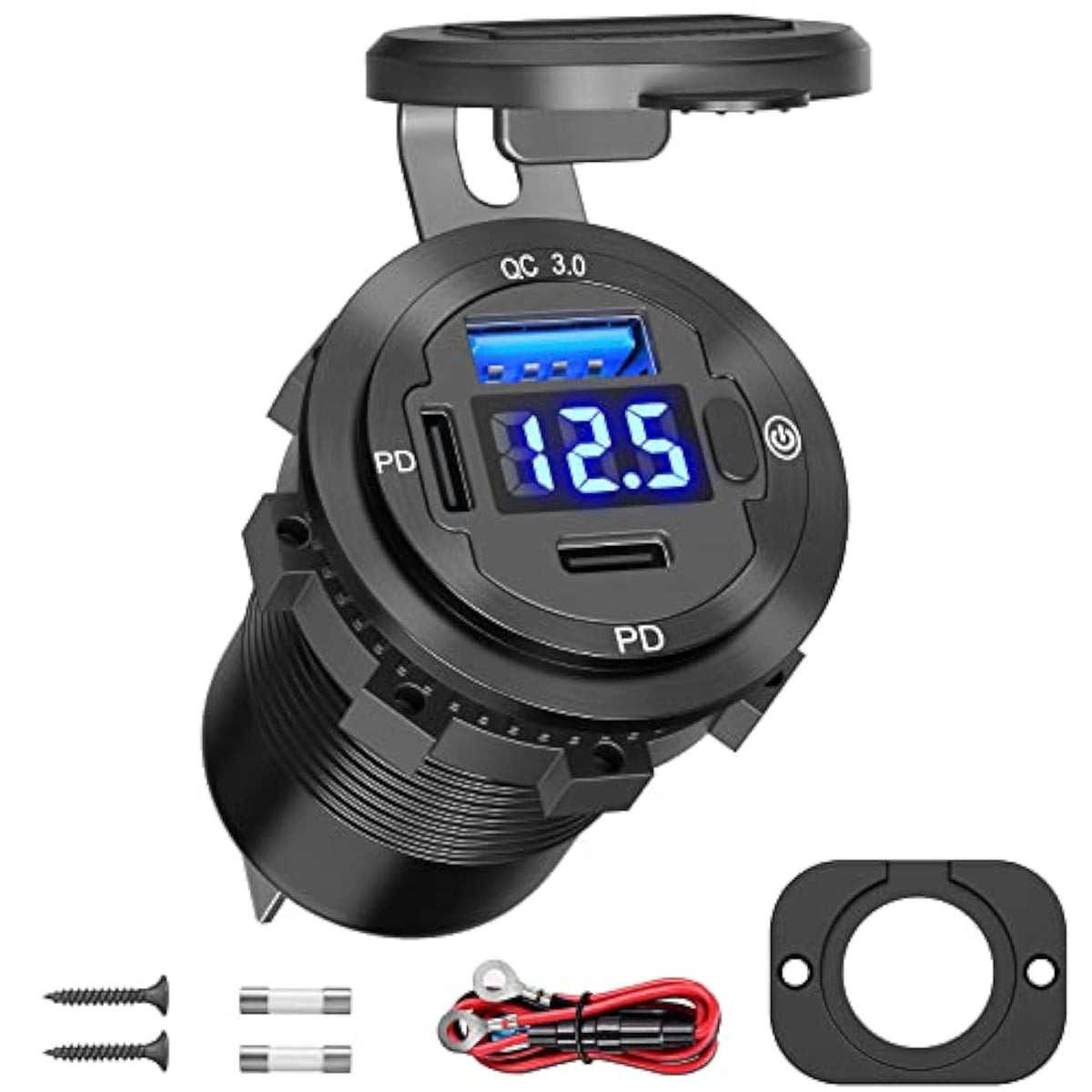 78W 3 Port Usb C 12V Outlet Dual Pd 30W & 18W Usb A Port With Voltmeter Lengthened Aluminum Body Switch Waterproof Car Charger Socket For Car, Boat, Marine, Rv