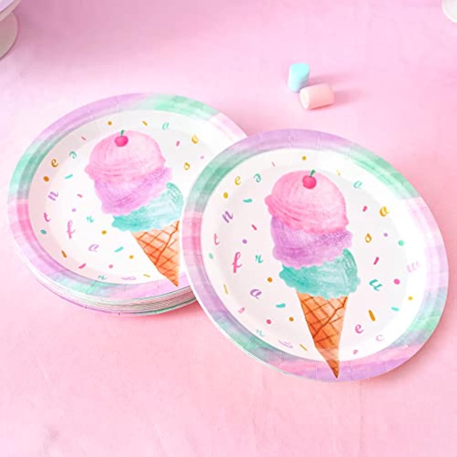 Ice Cream Party Plates And Napkins - Serves 50 Guests 100 Pcs Pink Sweet Ice Cream Themed Party Supplies For Girls Birthday Baby Shower Pool Summer Celebration Dinner Picnic Party Tableware