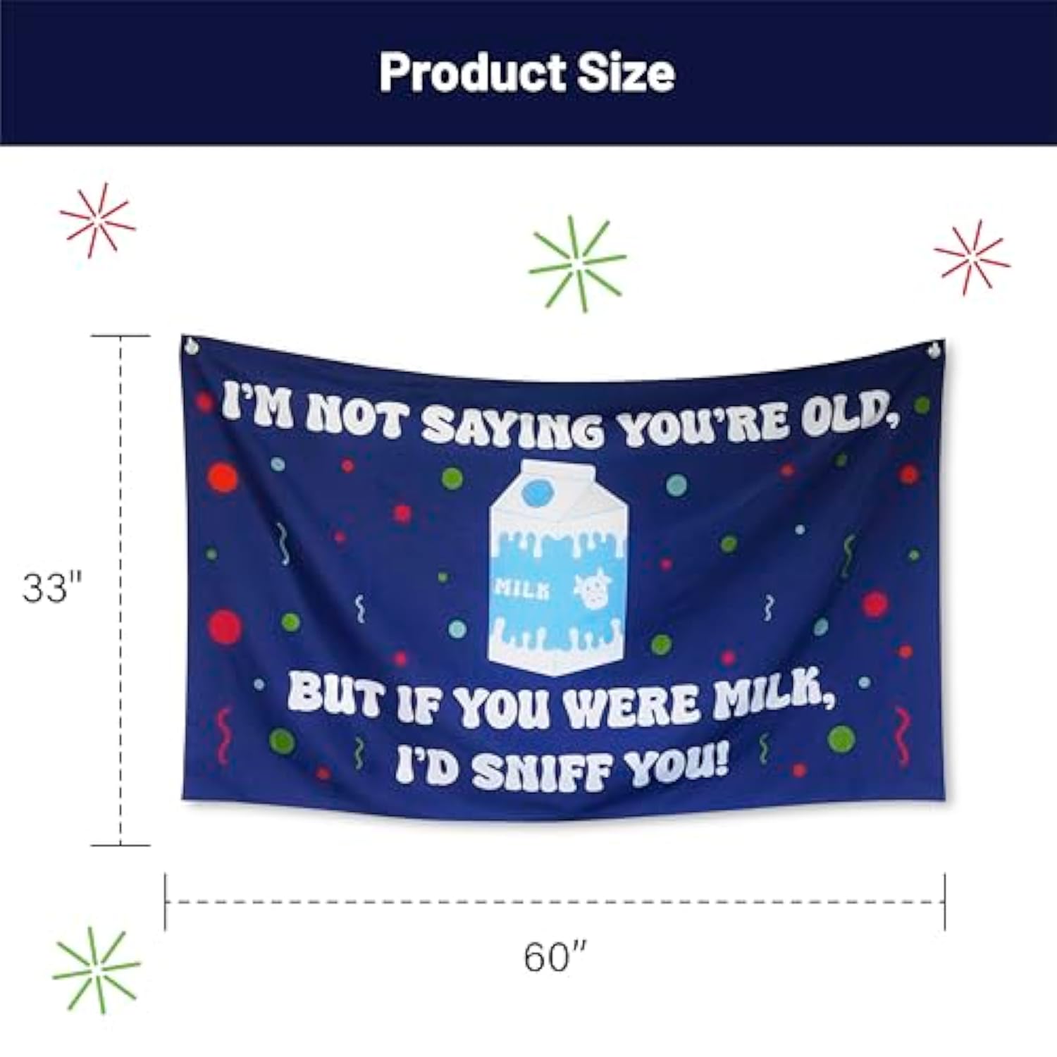 Funny Happy Birthday Banner 60" X 33" – Hilarious Party Decoration For Adults, Gag Gift Décor For Him Or Her – Sarcastic, Bold & Reusable Sign -Milk Sniff