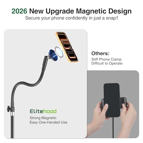Magnetic Magsafe Phone Tripod Stand, Heavy Duty Aluminum Overhead Tripod for iPhone with 17 Flexible Gooseneck, Overhead Phone Stand for Video