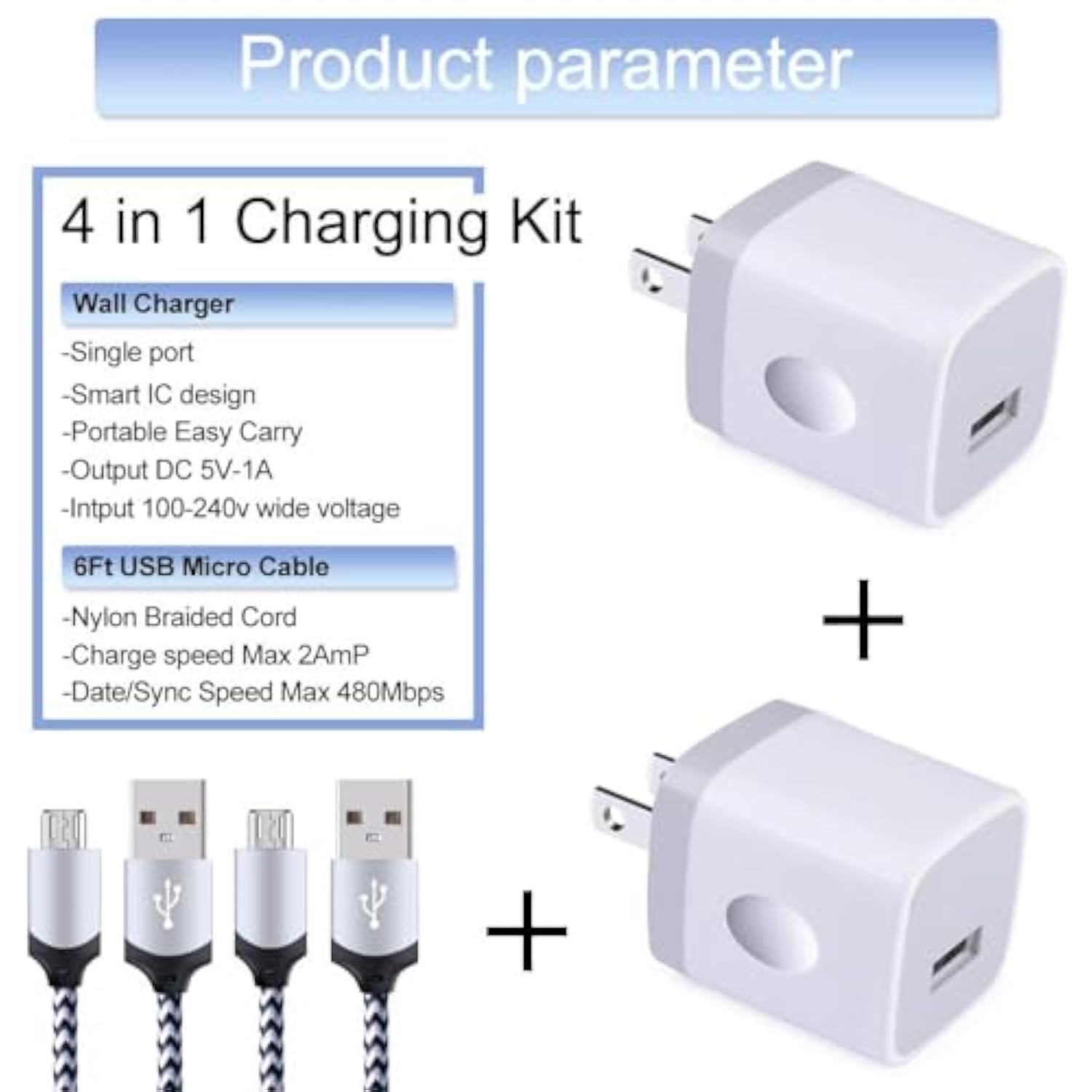 Usb Wall Charger Micro Usb Cable,4Kit Charging Block Usb Charger Cube Plug With Android Micro Cord Cable Compatible Samsung Galaxy S7 Edge A10 A6 M10 J7 J8 S6 S5 Note 5 4, Lg, Htc, Moto, Android Phone