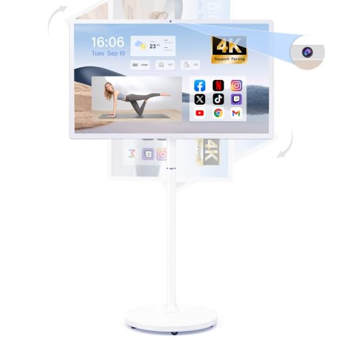 27-Inch Portable Smart Tv On Wheels With Touch Screen Monitor | 8G Ram +128G Storage | 8-Core Cpu Qualcomm | Built-In 6-8H Battery | 8Mp Webcam | Android 13 Os | Full Swivel Rotation | Remote Control