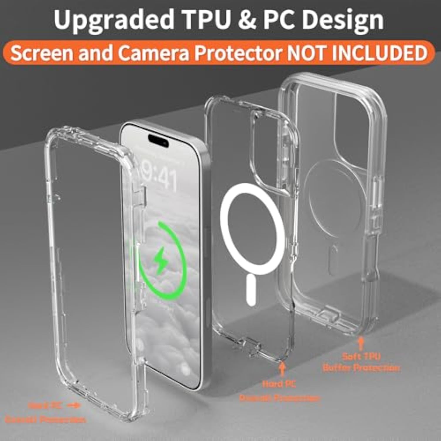 Heavy Duty Clear Magnetic Case for iPhone 16, 6.1" Screen Protector Included