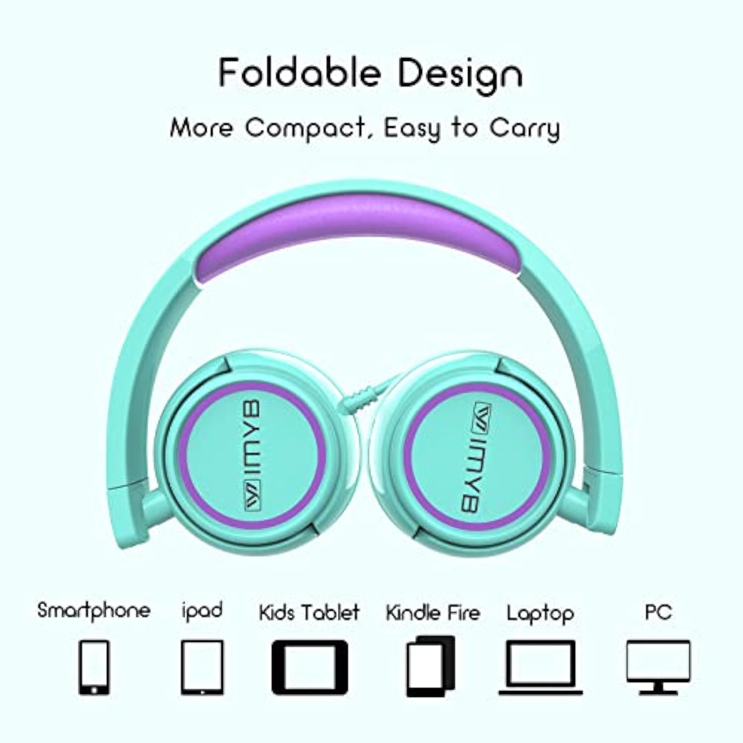 V1 Kids Wired Foldable Headphones, Tangle-Free, Adjustable On-Ear, Green