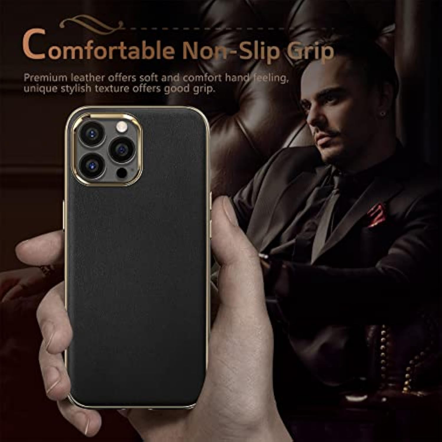 Designed For Iphone 13 Pro Leather Case, Luxury Business Classic Non Slip Soft Grip Full Body Protective Men Phone Cases Cover Compatible With Iphone 13 Pro 5G 6.1 Inch - Black Gold