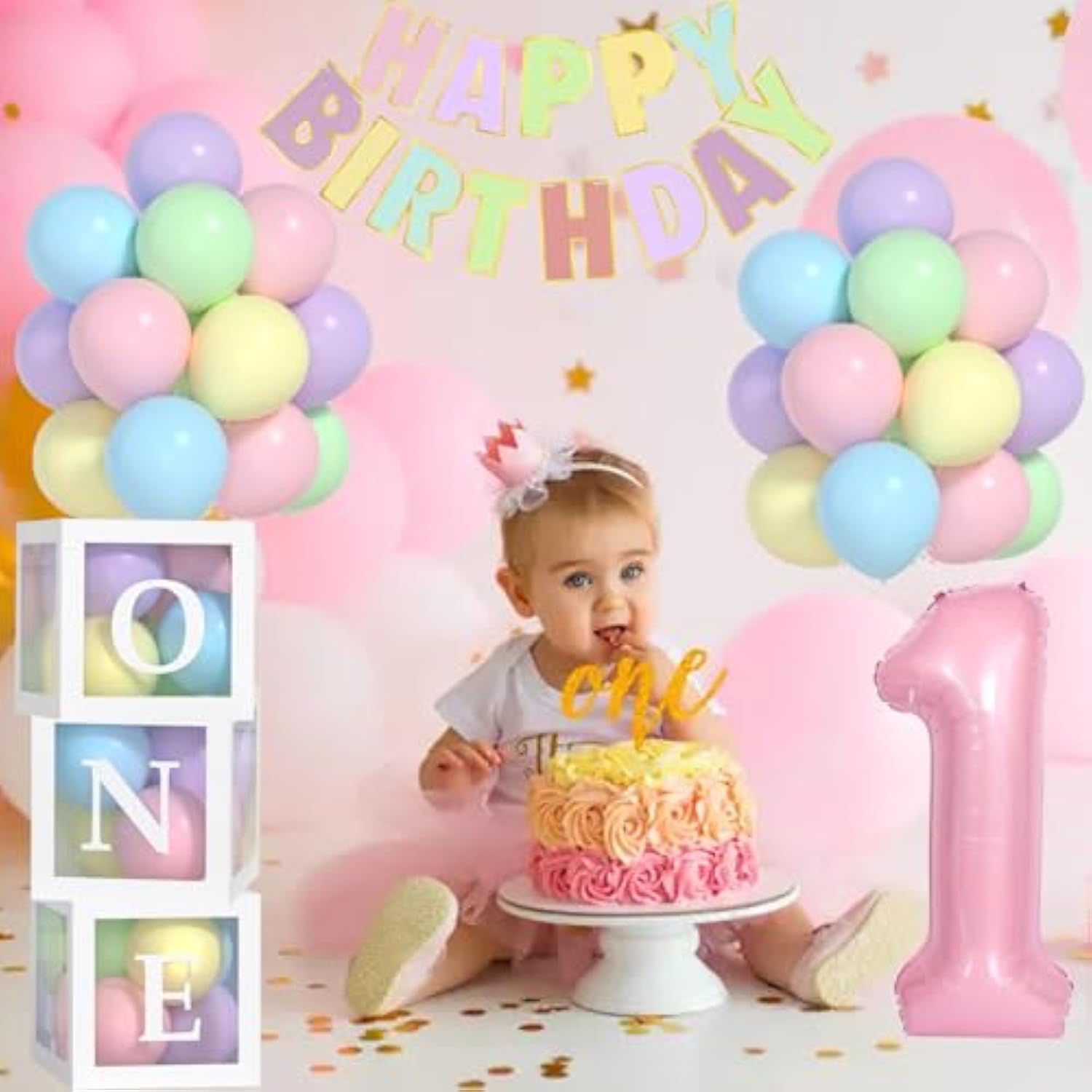 Girl First Birthday Decor with 40" Pink Number 1, Pastel Banner and Balloon Boxes