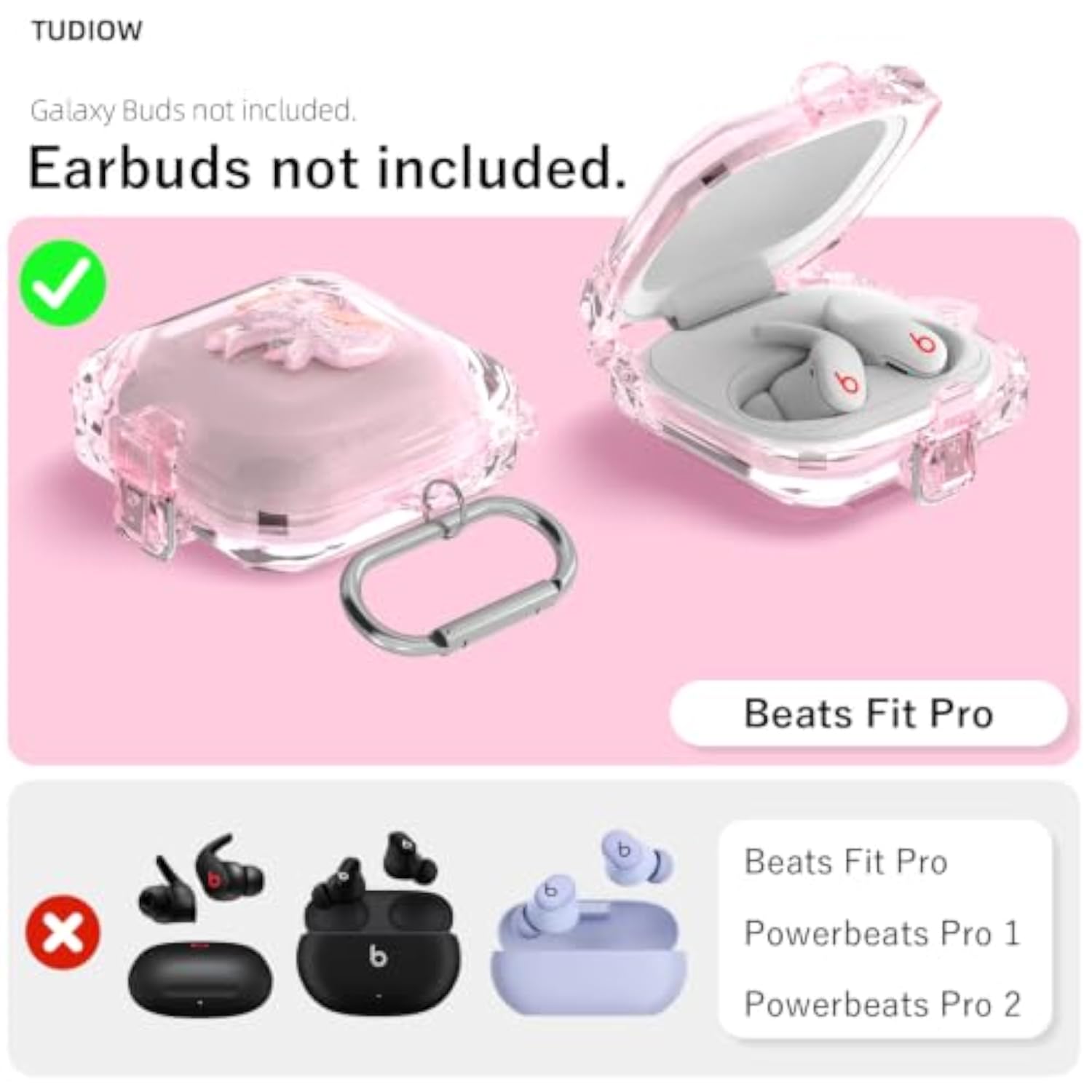 Clear Pink 3D Bow Case for 2021 Beats Fit Pro, Secure Lock Protection