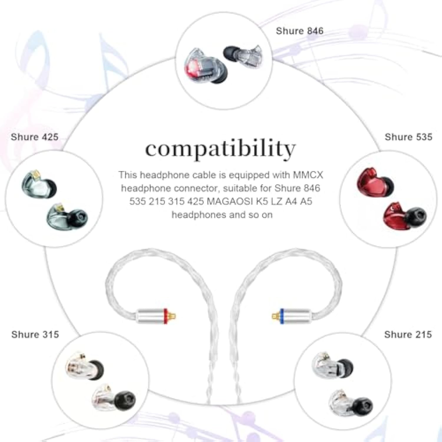 8 Core Mmcx Cable Compatible With Se215, Se215 Pro, Se315, Se425, Se425 Pro, Se535, Se846, Aonic 3, Aonic 4, Aonic 5, Lz A4 A5 Ue900 Earphones, Mmcx Replacement Cable, 3.7Ft