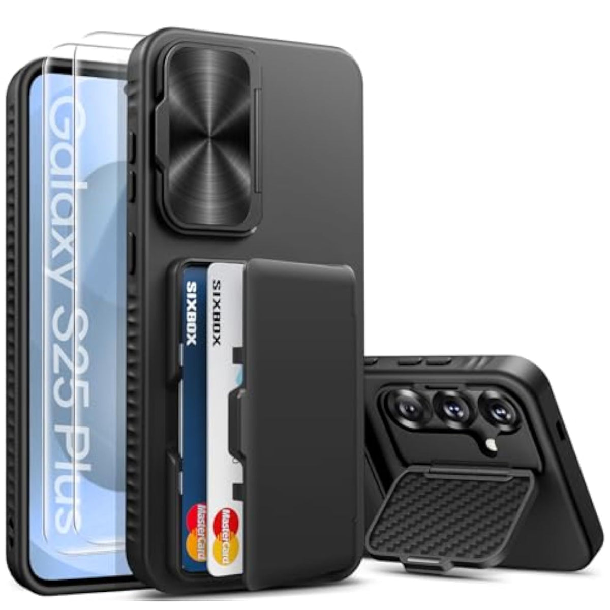 Samsung Galaxy S25+ Plus Rugged Protective Case with Card Holder, Built-in Stand & 2 Pack Screen Protector & Camera Cover, 6.7" 2025, Black