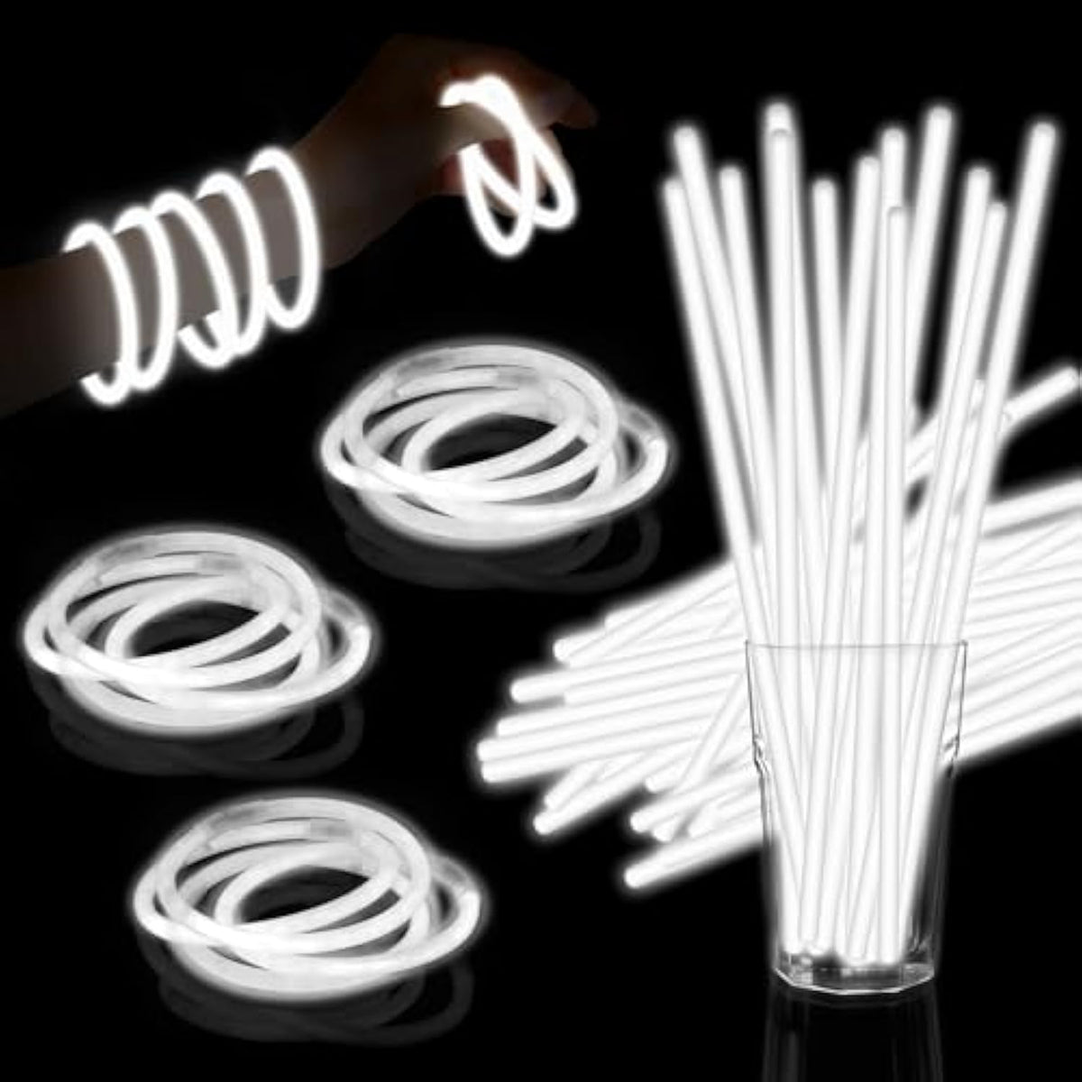 60pc 8in White Glow Sticks with Connectors Neon Party Favors Bulk