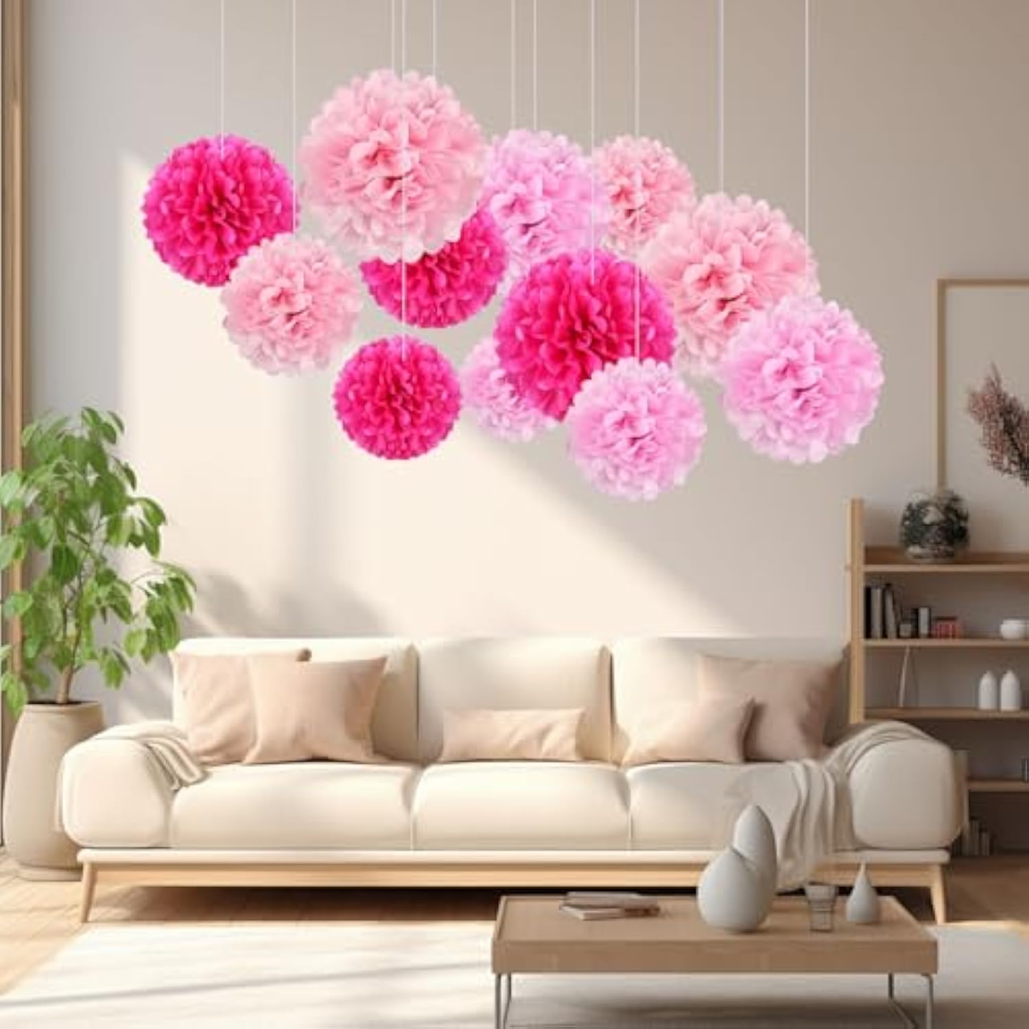 18 Pcs Tissue Paper Pom Poms, Tissue Pom Poms Flowers, Sizes Of 6", 10", 12", 14" Hanging Paper Flower Ball For Wedding, Birthday, Gender Reveal, Baby Shower Valentine'S Day Party Decor (Pink Set)