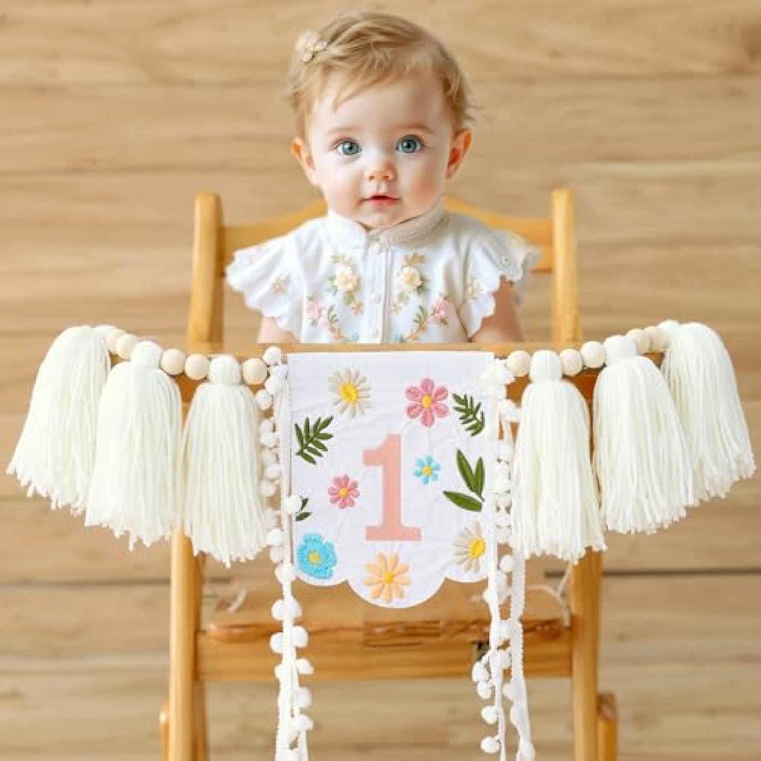 One Banner Embroidery First Birthday High Chair Butterfly Fairy Girl Highchair Banner Happy 1St Party One Year Old Wildflower