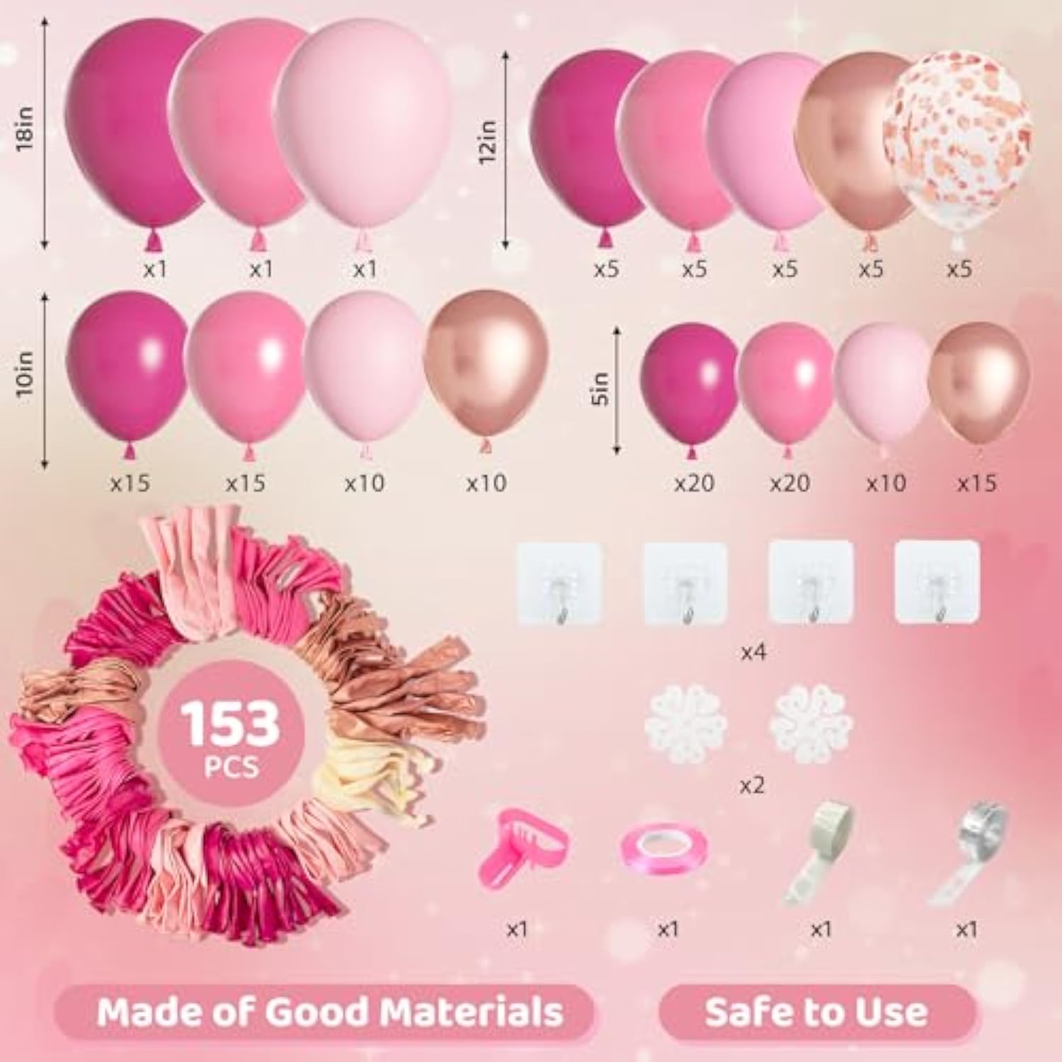 153Pcs Pink Balloon Garland Arch Kit, Different Sizes 18 12 10 5 Inch Hot Pink Latex Metallic Confetti Rose Gold Balloons For Birthday Baby Shower Wedding Party Decorations