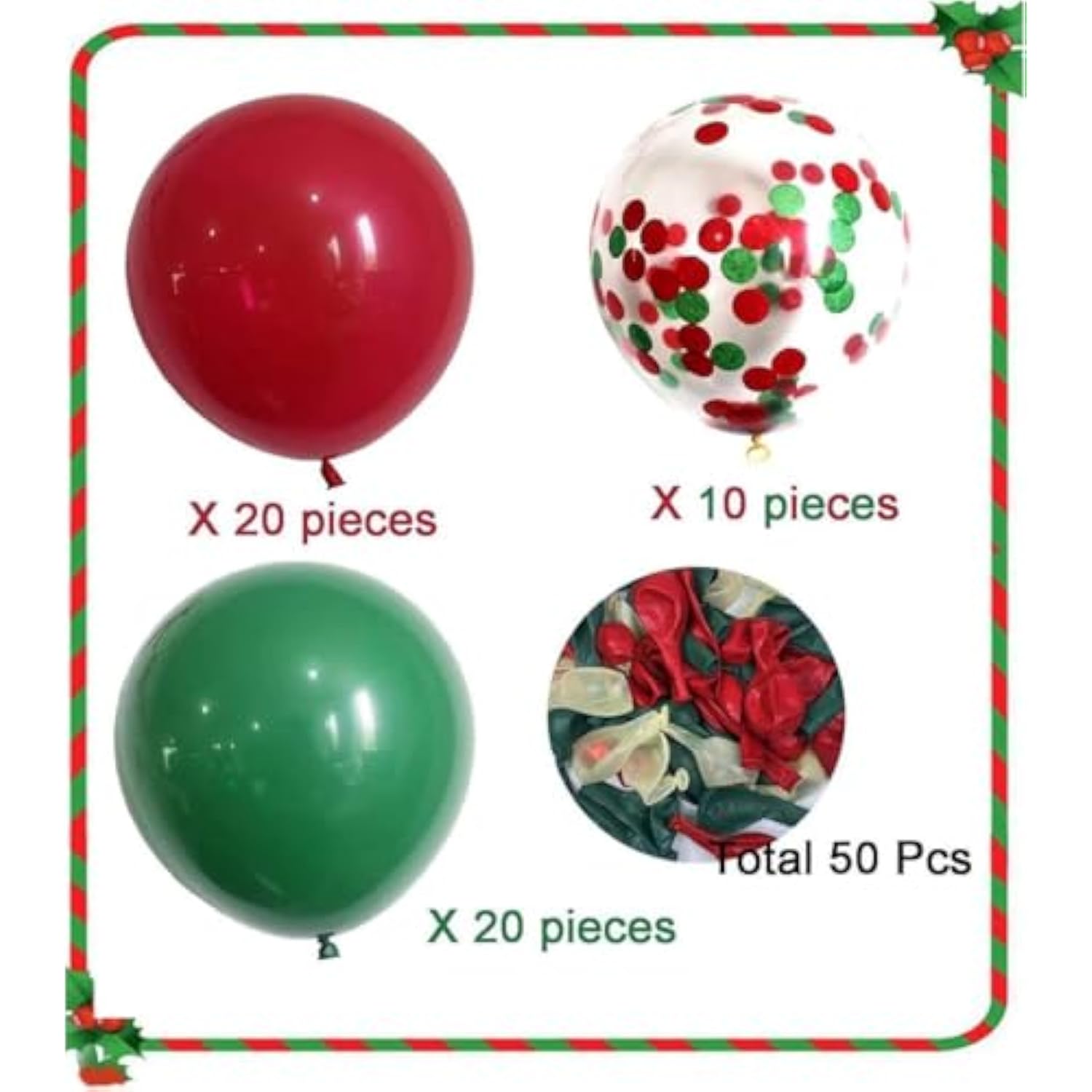50pc Christmas Confetti Balloon Kit Red, Green & Gold 12-Inch Party Set