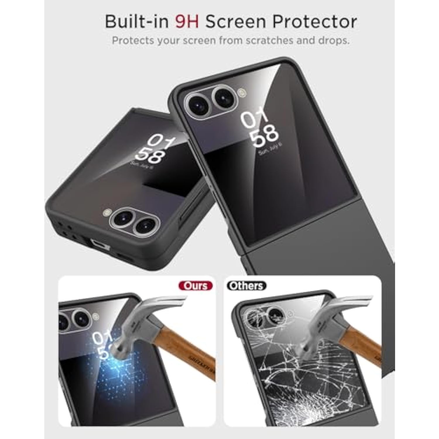 Miimall Slim Fit for Galaxy Flip 7 Case Built-in Screen Protector,Military Grade Shockproof Drop-Proof Thin Anti-Scratches Nonslip Matte Grip Full Body Phone Case for Flip 7 Samsung Rugged,Black