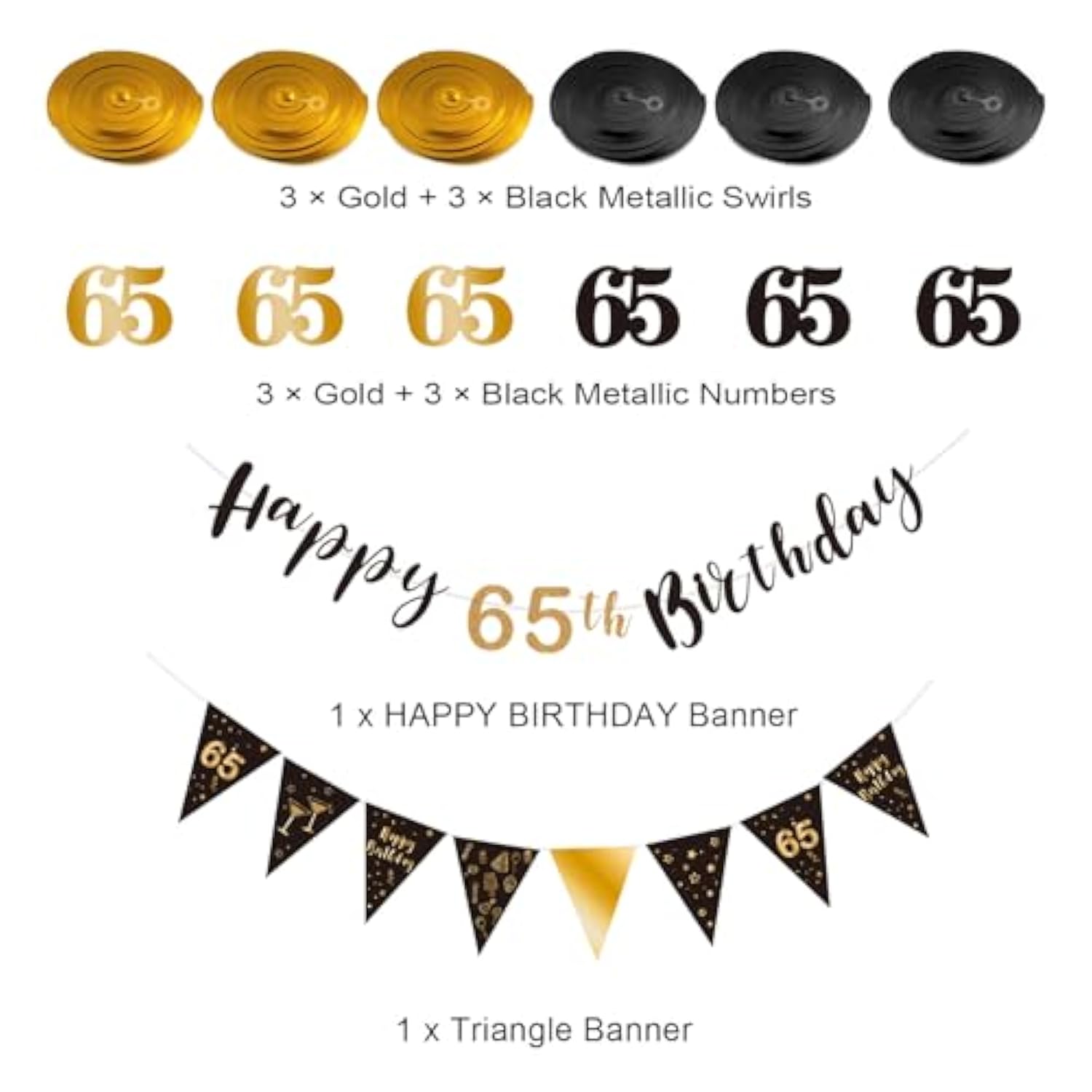 65th Birthday Decoration Kit, Black & Gold Banner Bunting Swirls Streamers Set