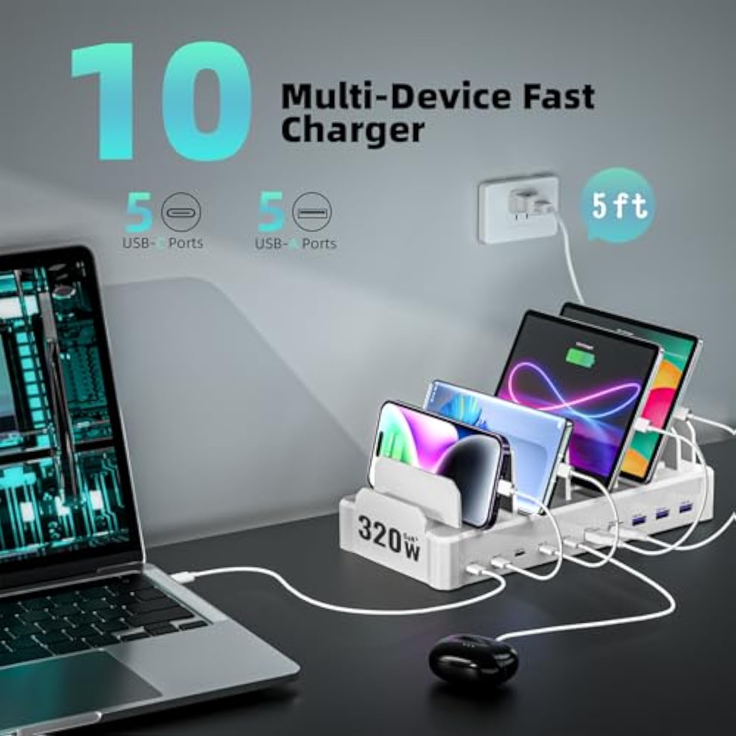 320W Charging Station For Multiple Devices, 10-Port Usb C Fast Charger Stations For Macbook, Iphone, Android Cell Phone, Ipad, Tablet, Family Multi-Device Organizer Charging Dock, White