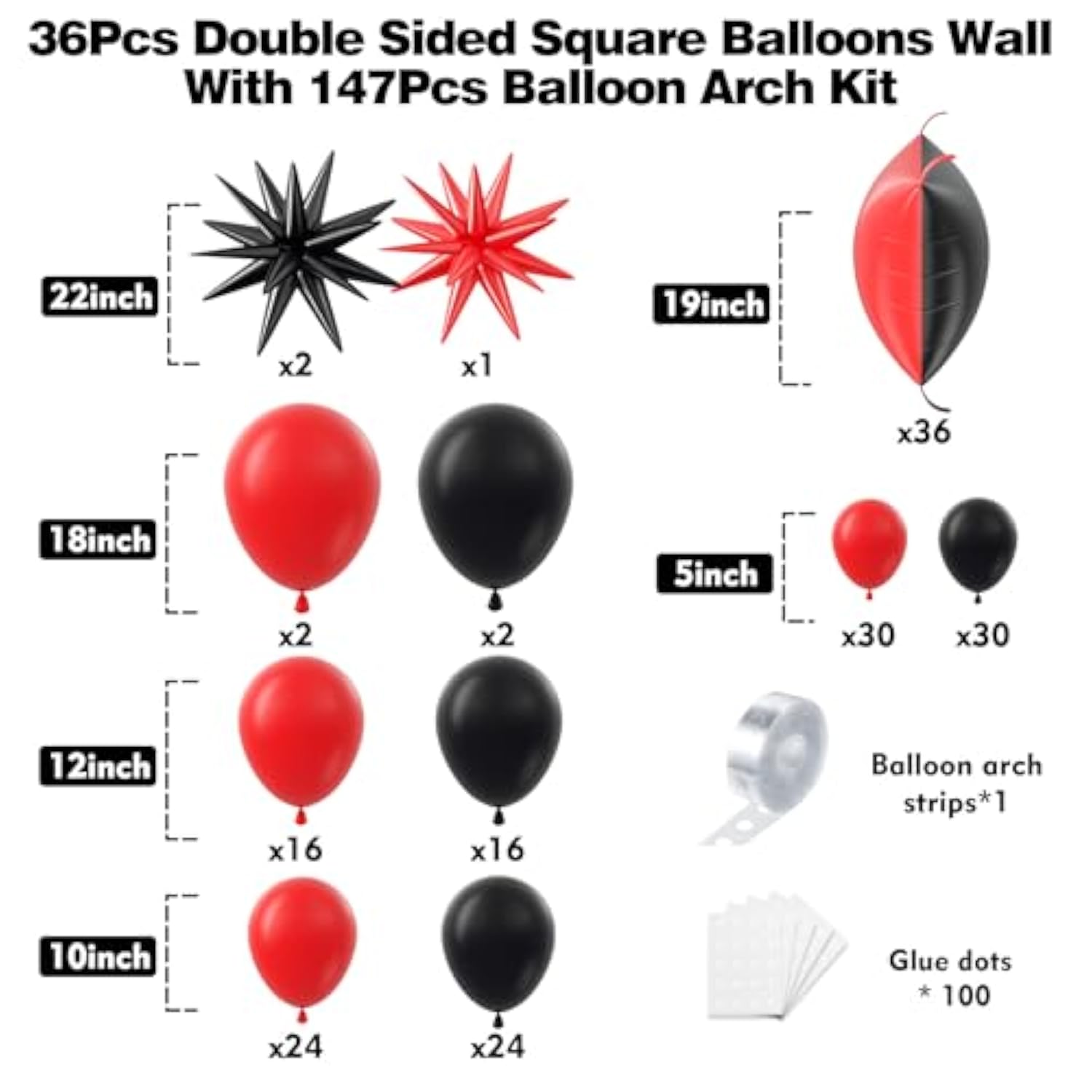 36Pcs Red And Black Square Foil Balloons Wall Backdrop With 147Pcs Balloon Garland Arch Kit, Double Sided Balloons For Birthday Prom Anniversary New Year Graduation Bbq Casino Party Decorations