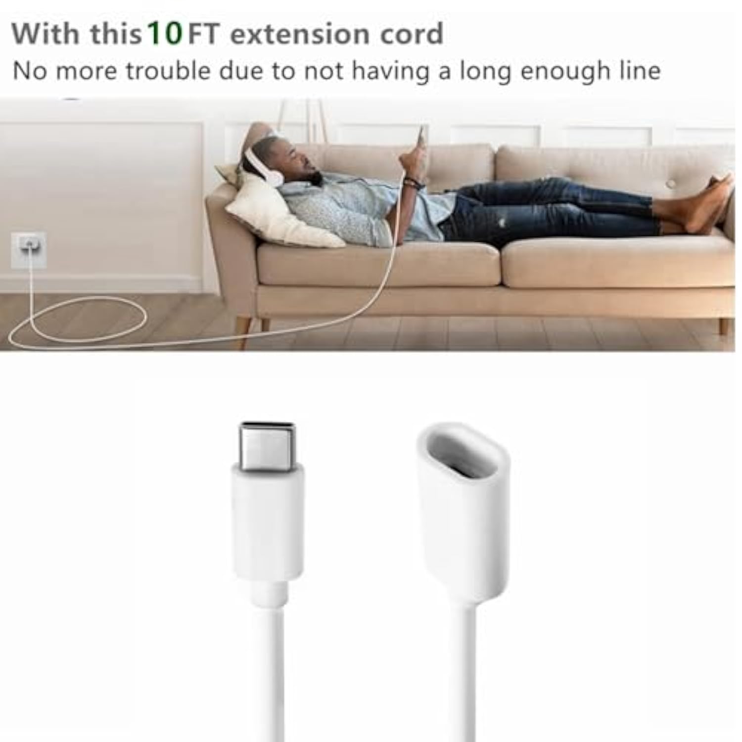 10Ft Long Type C Extension Cable, Usb C Male To Female Extender Cord Compatible With Ring Pan-Tilt Indoor Cam (2024 Release)? Mag-Safe Charger? Iphone16 /15 (White, 10Ft)