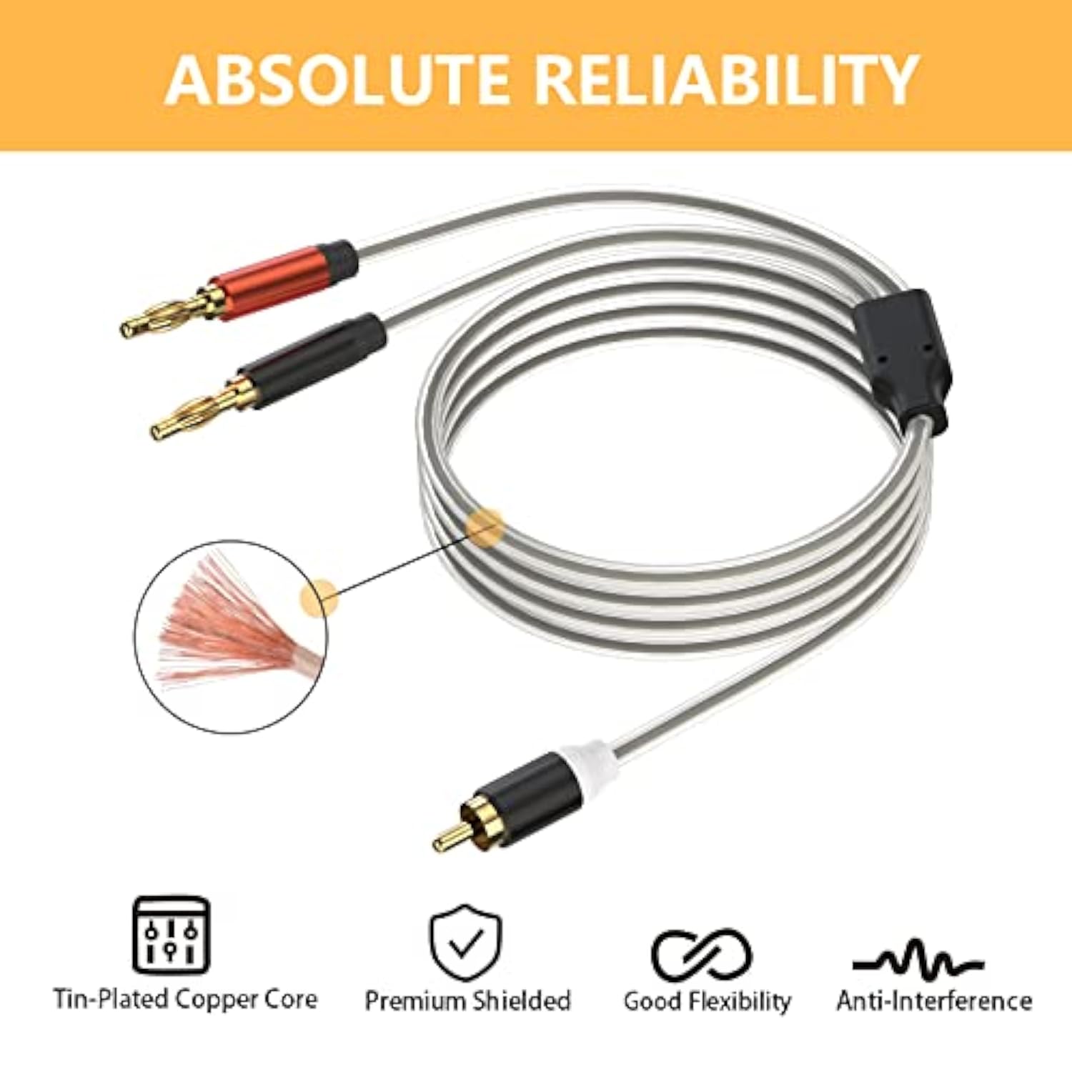 Rca To Banana Plug Speaker Cable 3.3 Feet -2 Pack, Gold-Plated Dual-Shielding Hi-Fi Stereo Cable For Home Theater/Amplifier/Subwoofer/Speaker/Audio Receiver/Vinyl Record Player/Soundbar