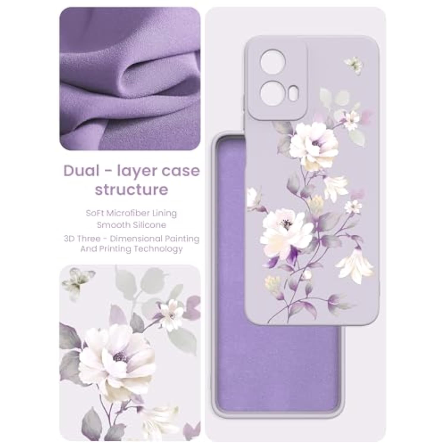 For Motorola Moto G 5G 2024 Case, Girls Women Florals Liquid Silicone Phone Case, Shockproof Anti-Scratch Soft Protection Case With 2X Screen Protectors For Moto G 5G 2024 (Purple)