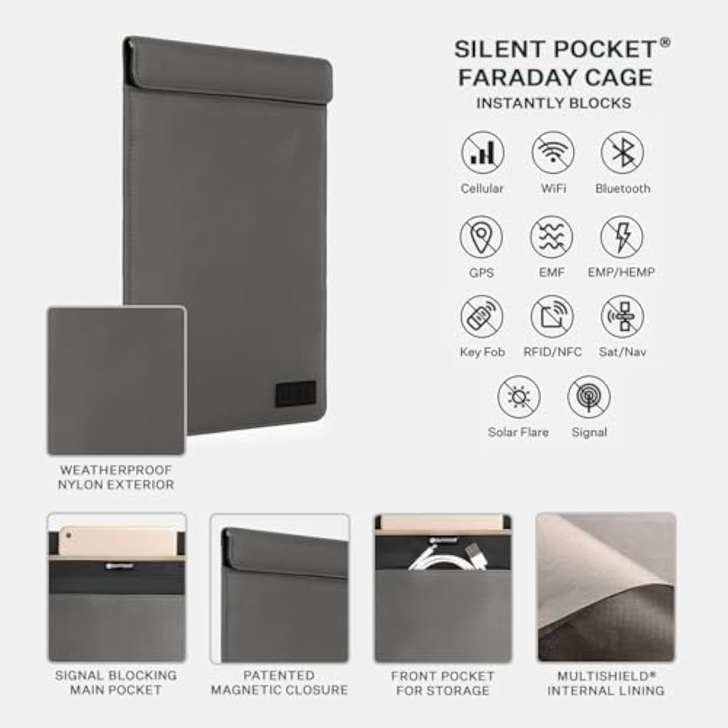 SLNT Faraday Bag Tablet Sleeve with Silent Pocket - Leather or Weatherproof Nylon, Signal Blocking Device Shielding for iPad, Samsung Galaxy Tab, Most Tablets, Privacy (Charcoal Grey Nylon, Large)