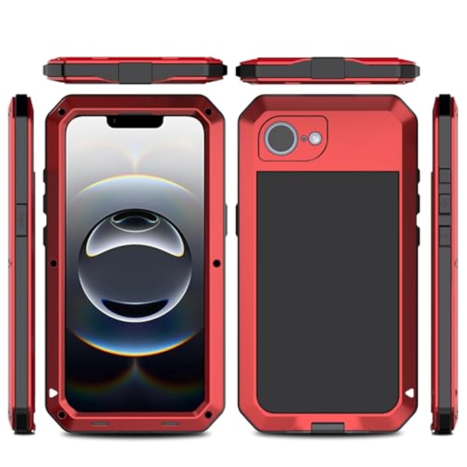 Heavy Duty Shockproof Aluminum Alloy Tough Armour Military Grade Phone Case for iPhone 17E, Full Body Protective Cover with Silicone Built-in Screen Protector, Red