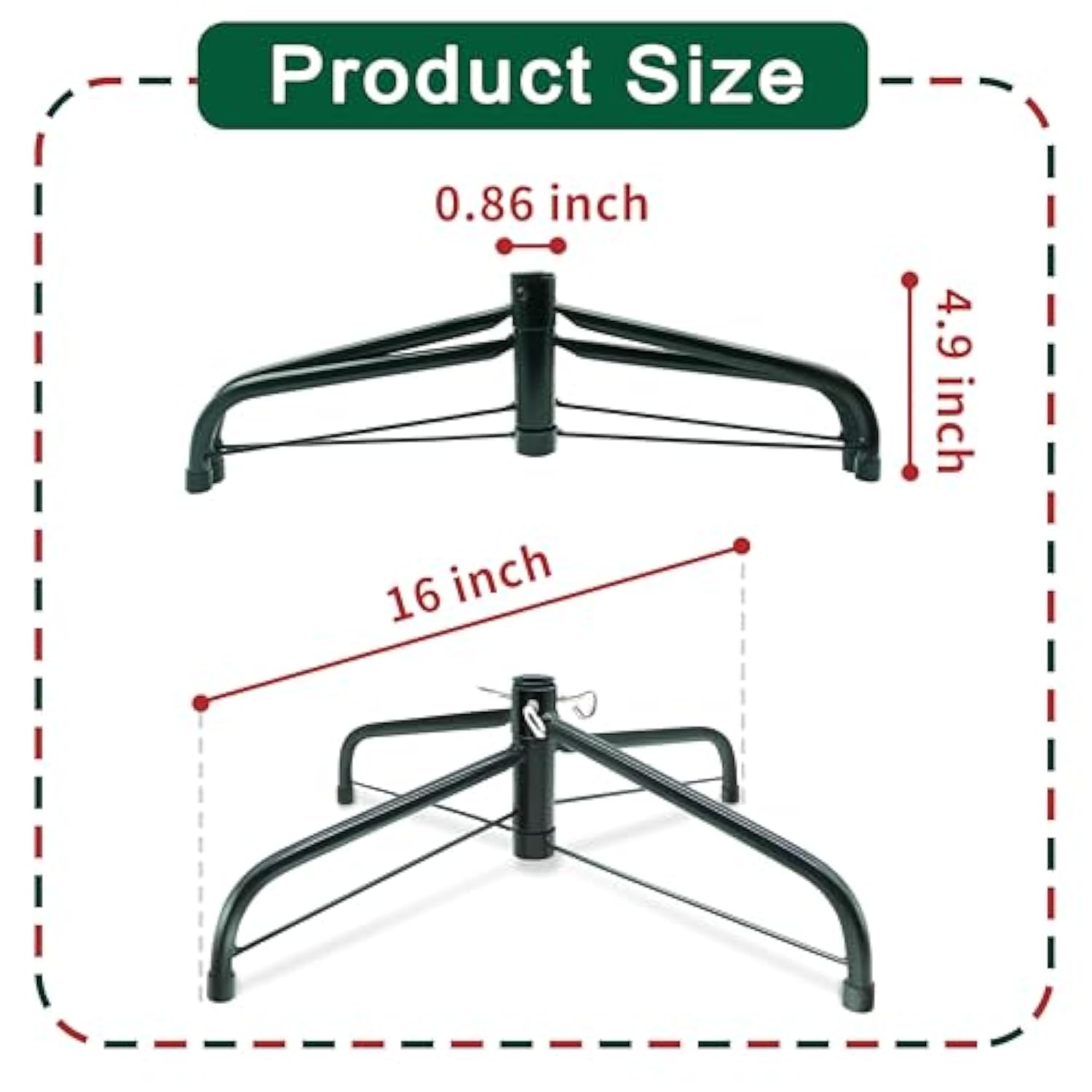 16” Christmas Tree Stand For Artificial Trees, Foldable Metal Xmas Tree Stand, Replacement Fake Christmas Tree Holder Base For 2 Ft To 7 Ft Trees, Fits Tree Poles Up To 0.86”