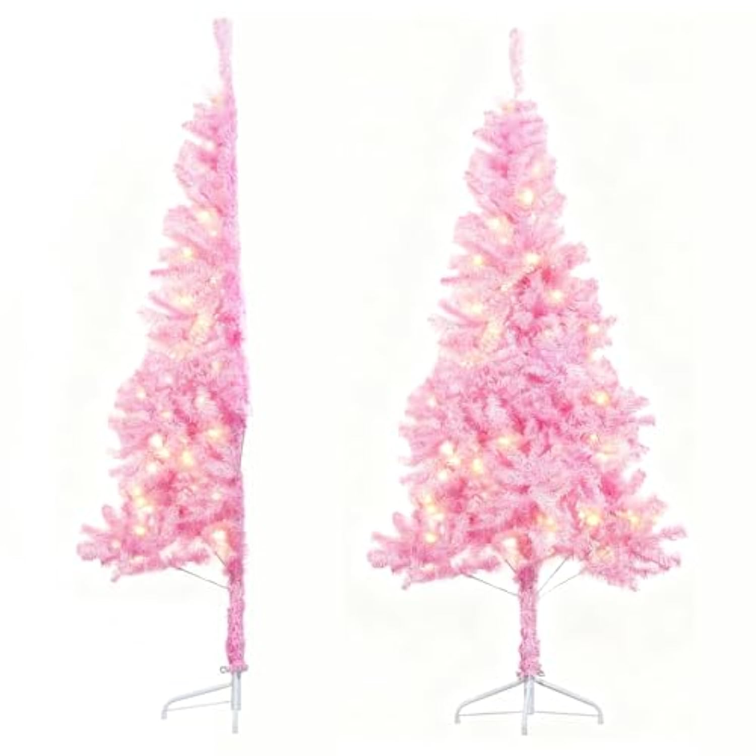 6Ft Artificial Half Christmas Tree With Lights Green Easy To Assemble,Comes With A Sturdy Metal Stand Space Saving, For Christmas Corner Decorations And Christmas Party Decorations (Pink)