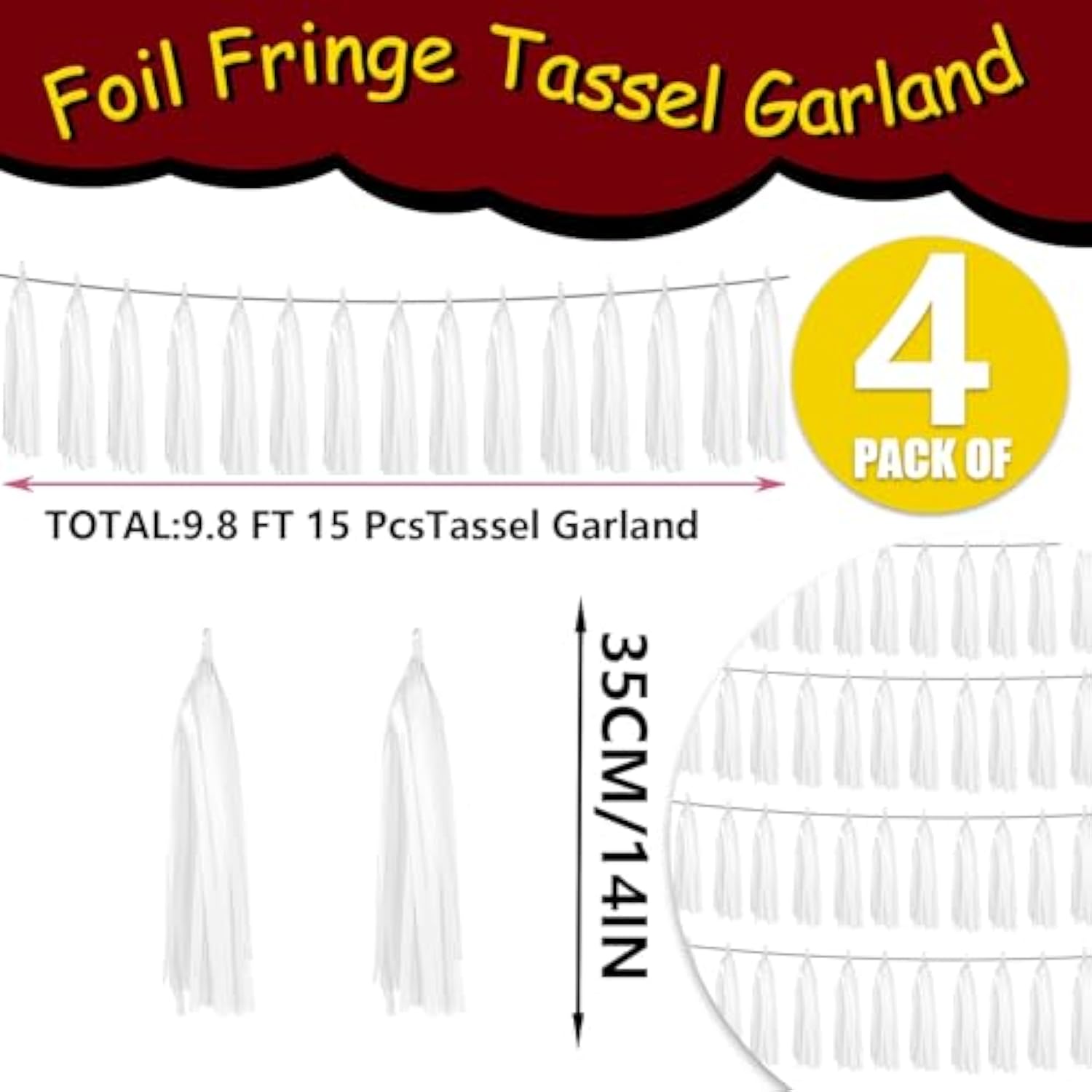 4P White Foil Fringe Metallic Tassel Streamers Banner Tassel Garland For Parade Floats, Graduation, Wedding, Birthday, Halloween, Christmas, Bridal/Baby Shower Party Decorations