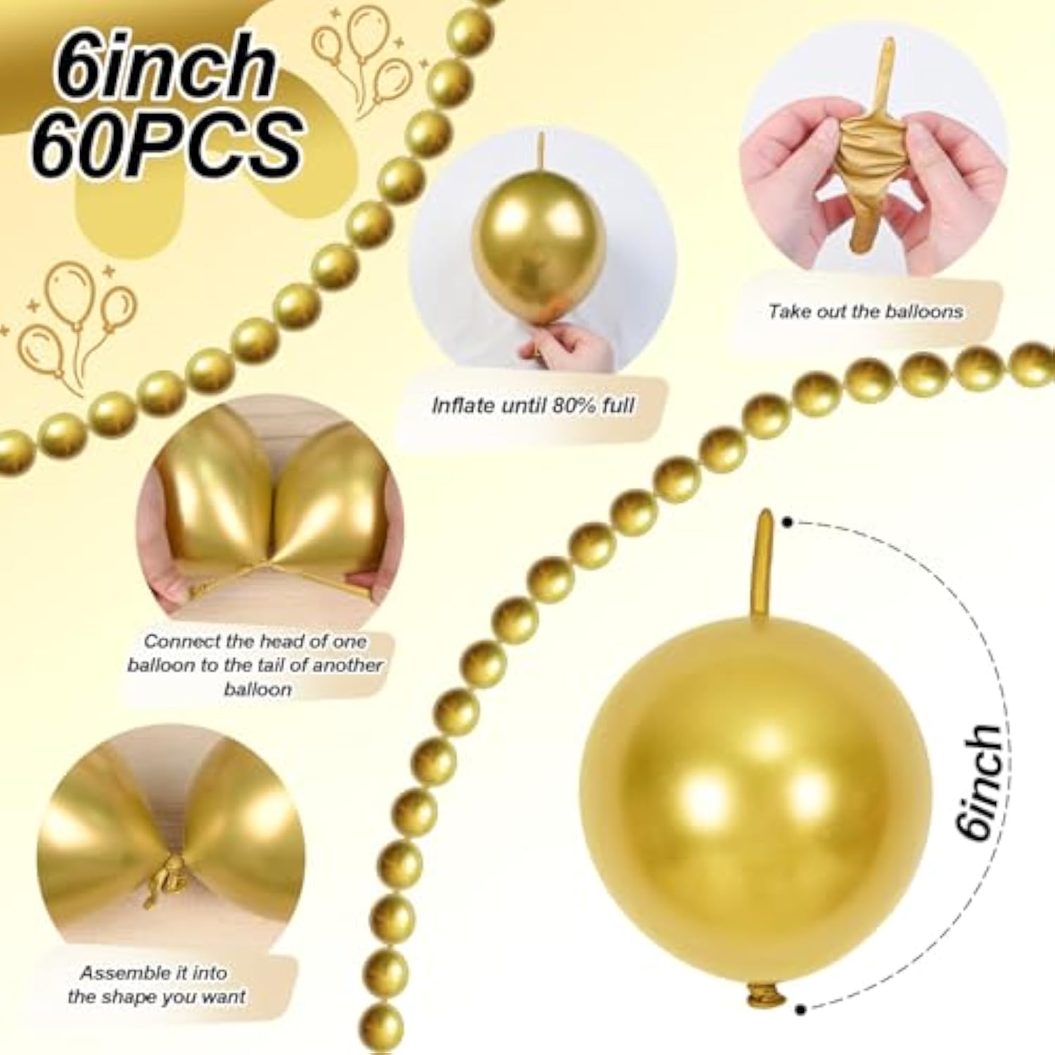 60-Piece Gold Quick Link Balloons for DIY Balloon Wall, Arch, and Party Decor