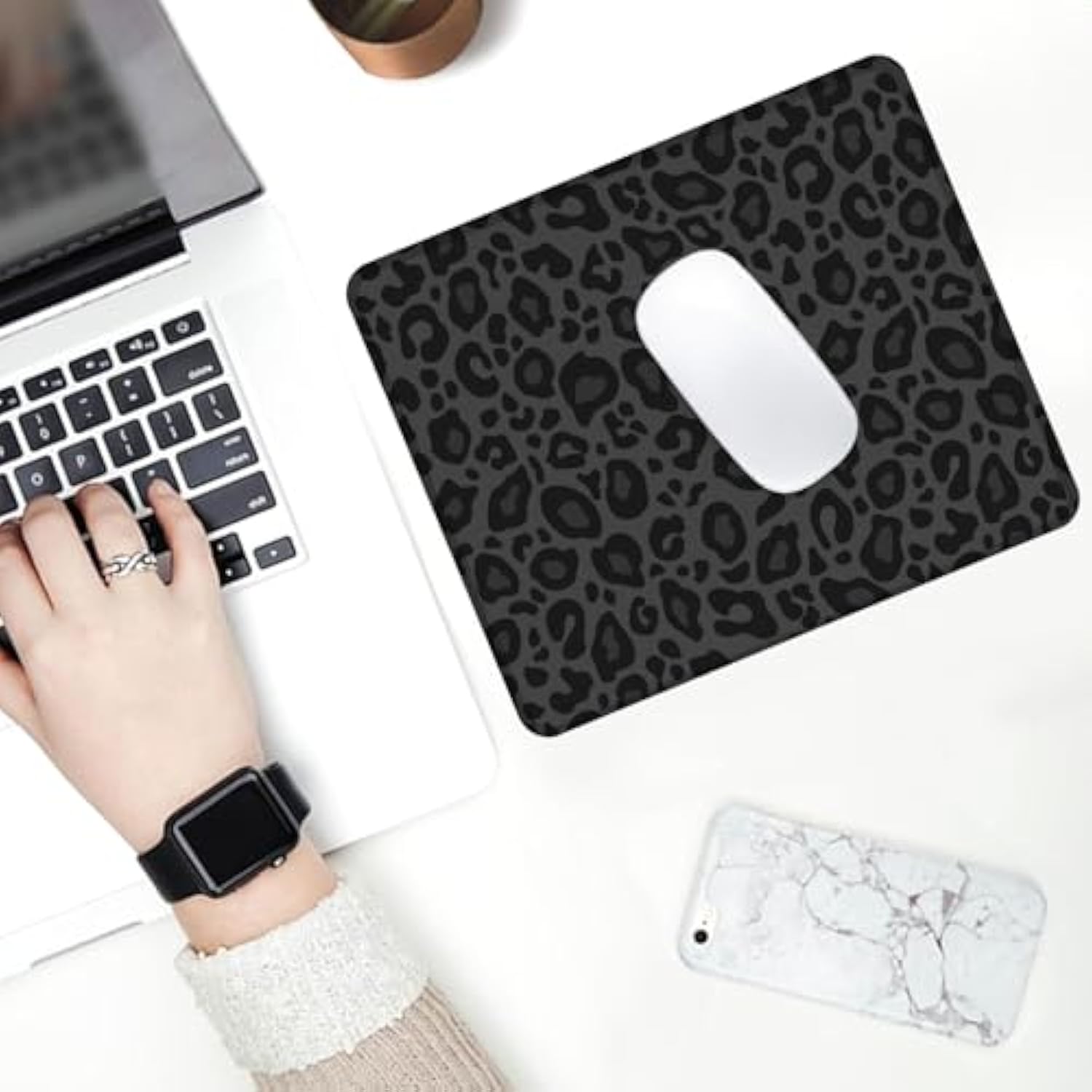 Square Aesthetic Black Leopard Mouse Mat Premium Textured Mouse Pads For Office Laptop,Washable Square Mousepads With Extended Stitched Edges Non Slip Rubber Base