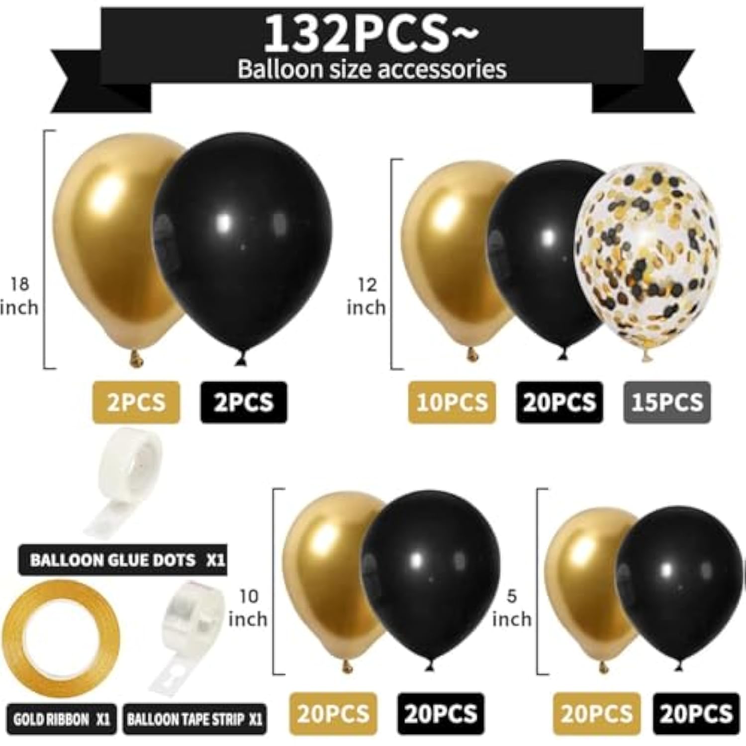 132pcs Black and Gold Balloon Arch Kit for Birthday, Graduation, and Party Decor