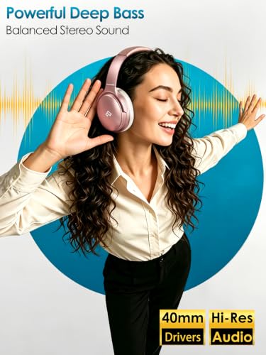 Upgrade Rose Gold Active Noise Cancelling Headphones With Microphone Wireless Over Ear Bluetooth, Deep Bass, Memory Foam Ear Cups, Quick Charge 90H Playtime, For Tv, Travel, Home Office
