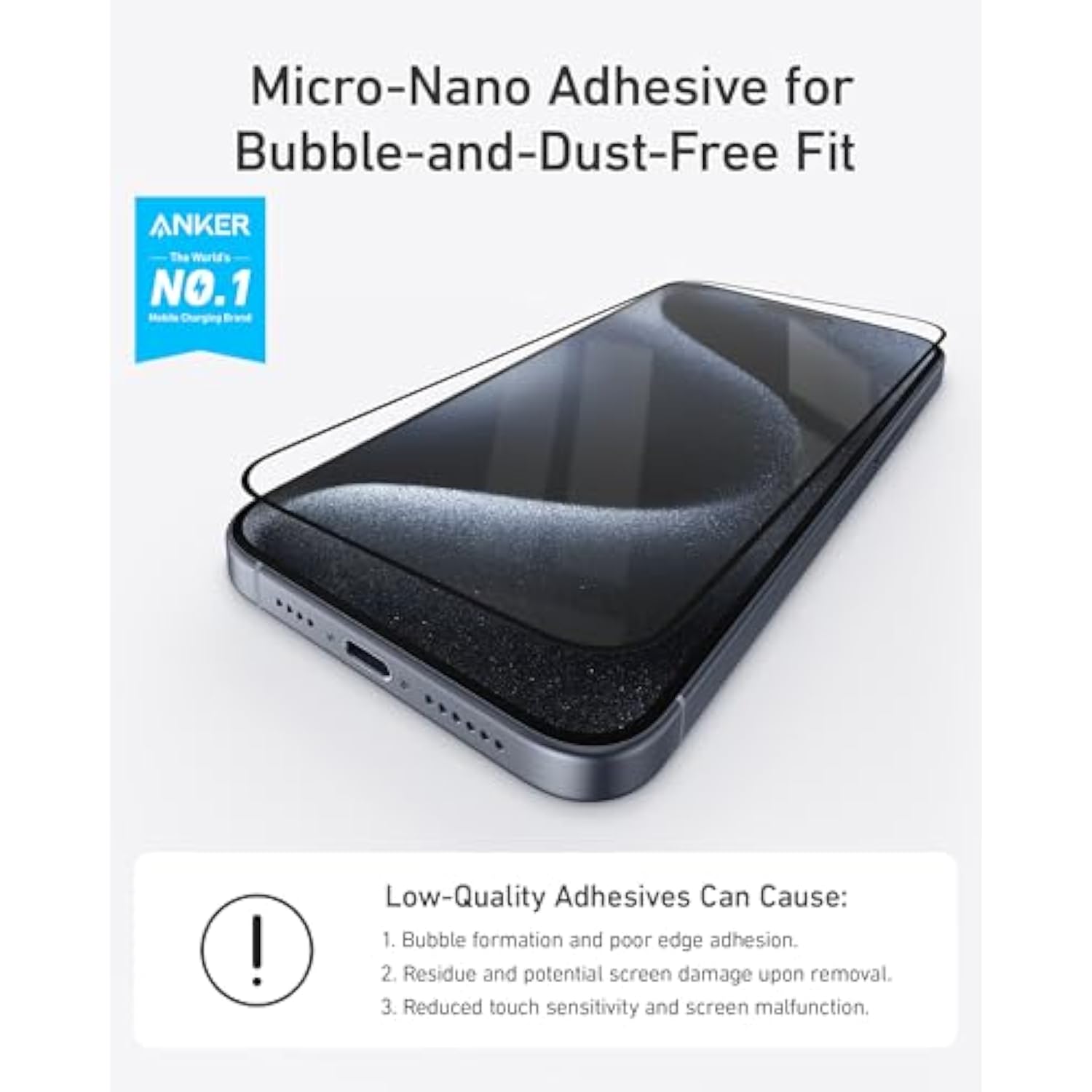 Anker Screen Protector for iPhone 15 Pro Max, Bubble-and-Dust-Free iPhone HD Tempered Glass, Durable and Drop-Proof with 9H Hardness, Easy Installation Exclusively for iPhone 15 Pro Max(2-Pack)